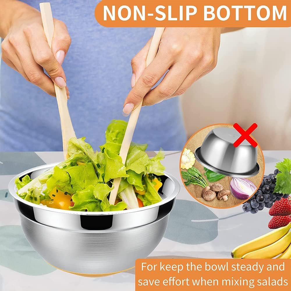 Mixing Bowls with Airtight Lids, 5-PCS Stainless Steel Bowls Set, Non-Slip Bottoms, Size 1.23/1.76/2.2/3/3.6QT, Great for Mixing, Baking and Serving