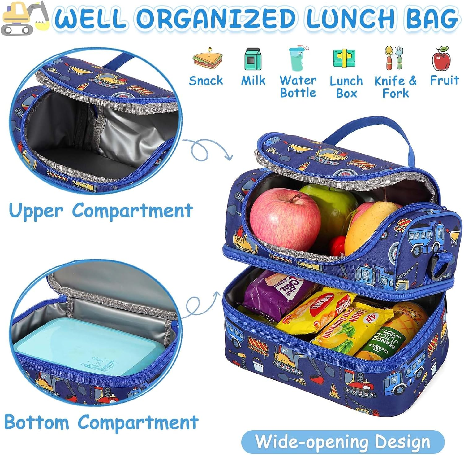 KASQO Lunch Box Bag for Kids, Insulated Lunch Bag Two Compartments Toddler Cooler Bag Lunch Tote Bag with Detachable Shoulders Strap for School Picnic， Blue Car - Blue Rocket image number 2