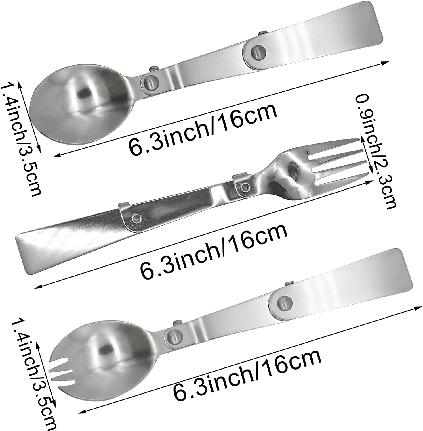 Pinenjoy 3Pcs Foldable Spoon Fork Salad Spork Set 18/10(304) Stainless Steel Portable Camping Flatware Set for Thermos Outdoor Travel Picnic Fishing Boating image number 2