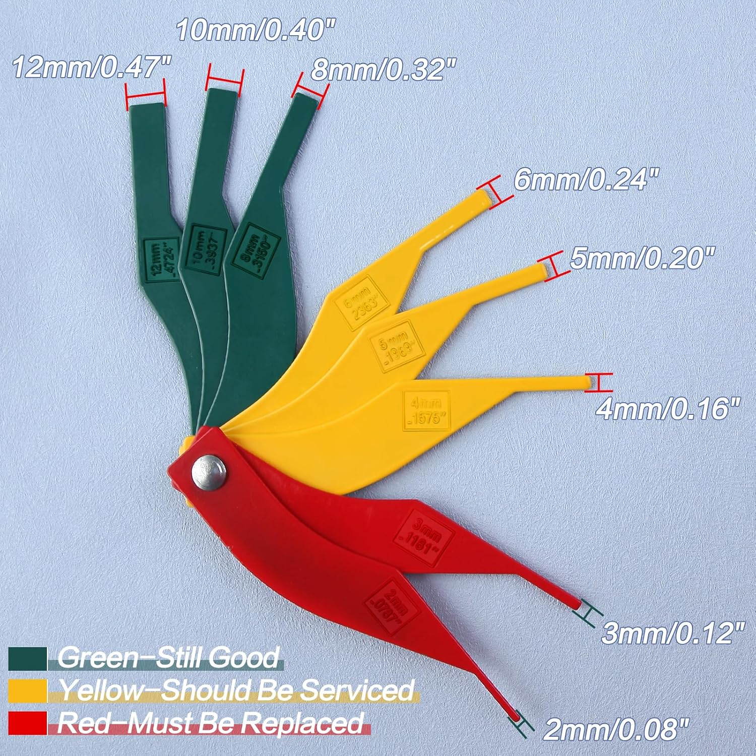 SPEEDWOX Brake Lining Thickness Gauge 8PCS SAE & Metric Automotive Brake Pad Measure Ruler Tire Tread Depth Gauge Tool Brake Lining Gauge Set Color Coded - 2Mm to 12Mm for Motorcycle Car Truck and Bus image number 5