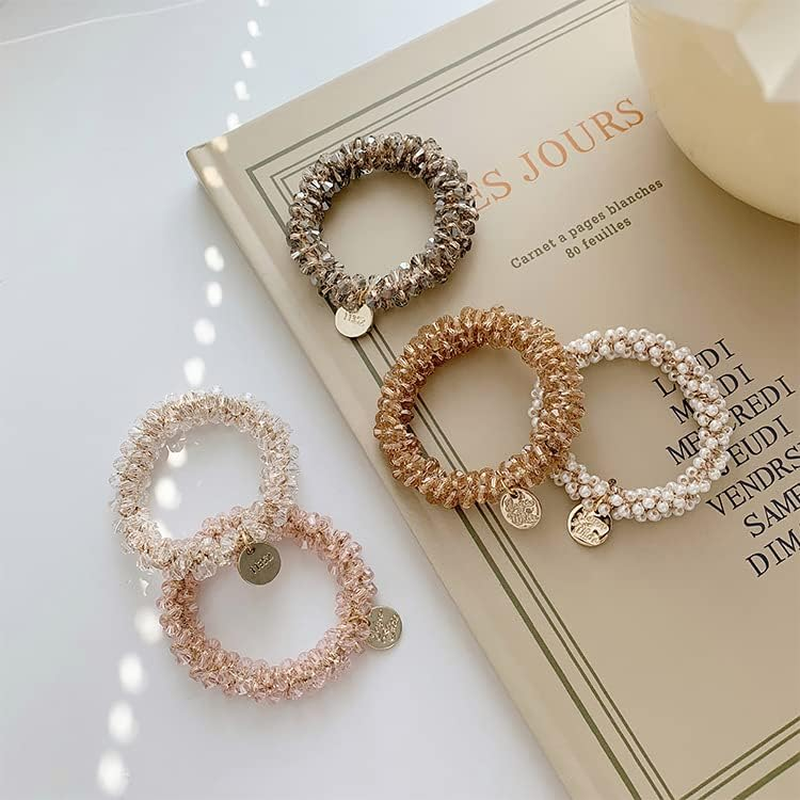 Betterjonny 5 Colors Crystal Hair Ties, Elastic Crystal Pearls Hair Rope Ponytail Hair Holders Head Bands Ropes Hair Accessories image number 1