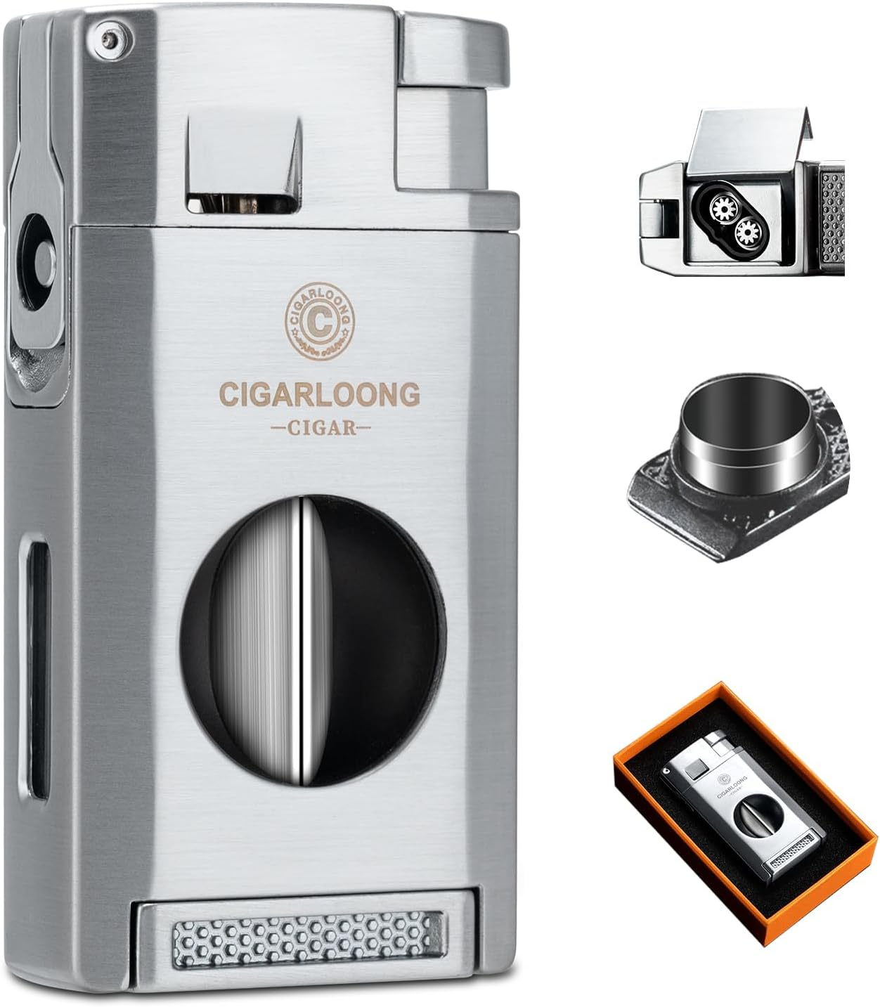 Cigar Lighter with Twin Jet Flame, Storm Lighter, Refillable Gas, Lighter with Cigar Punch and Cigar Holder & V Cut Cigar Cutter, Gift Box, without Gas(Black)