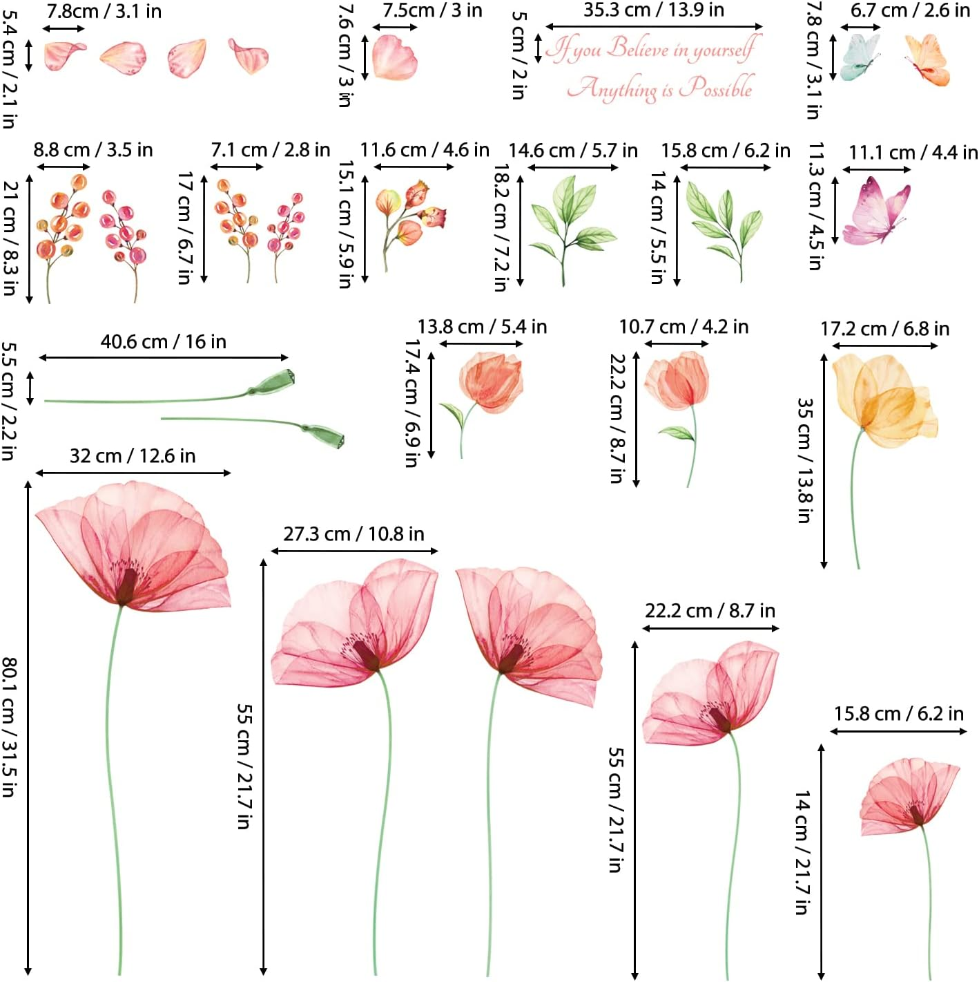 DECOWALL SG2-2206 Light Pink X-Ray Flowers Wall Decals Stickers Kids Peel and Stick Removable Nursery Room Floral Bedroom Living Peony Art D&eacute;cor Watercolor Butterfly Girls Decoration Rose Home DIY image number 5