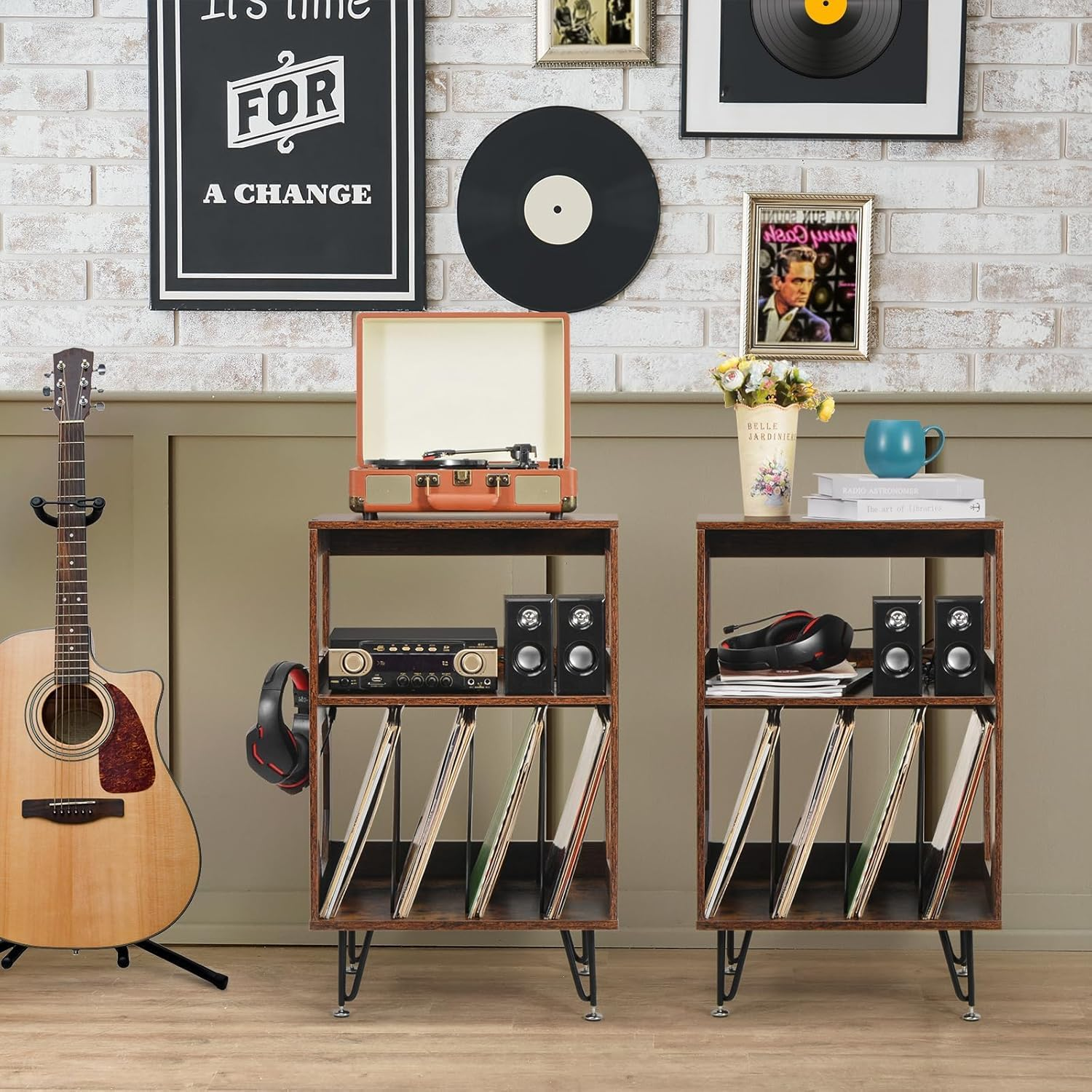 Vinyl Record Stand, 2 Tier Record Player Stand with Vinyl Storage, Rustic Record Player Cabinet for up to 160 Albums, Vinyl Record Storage with Metal Legs for Music Room Living Room - Rustic Brown image number 3