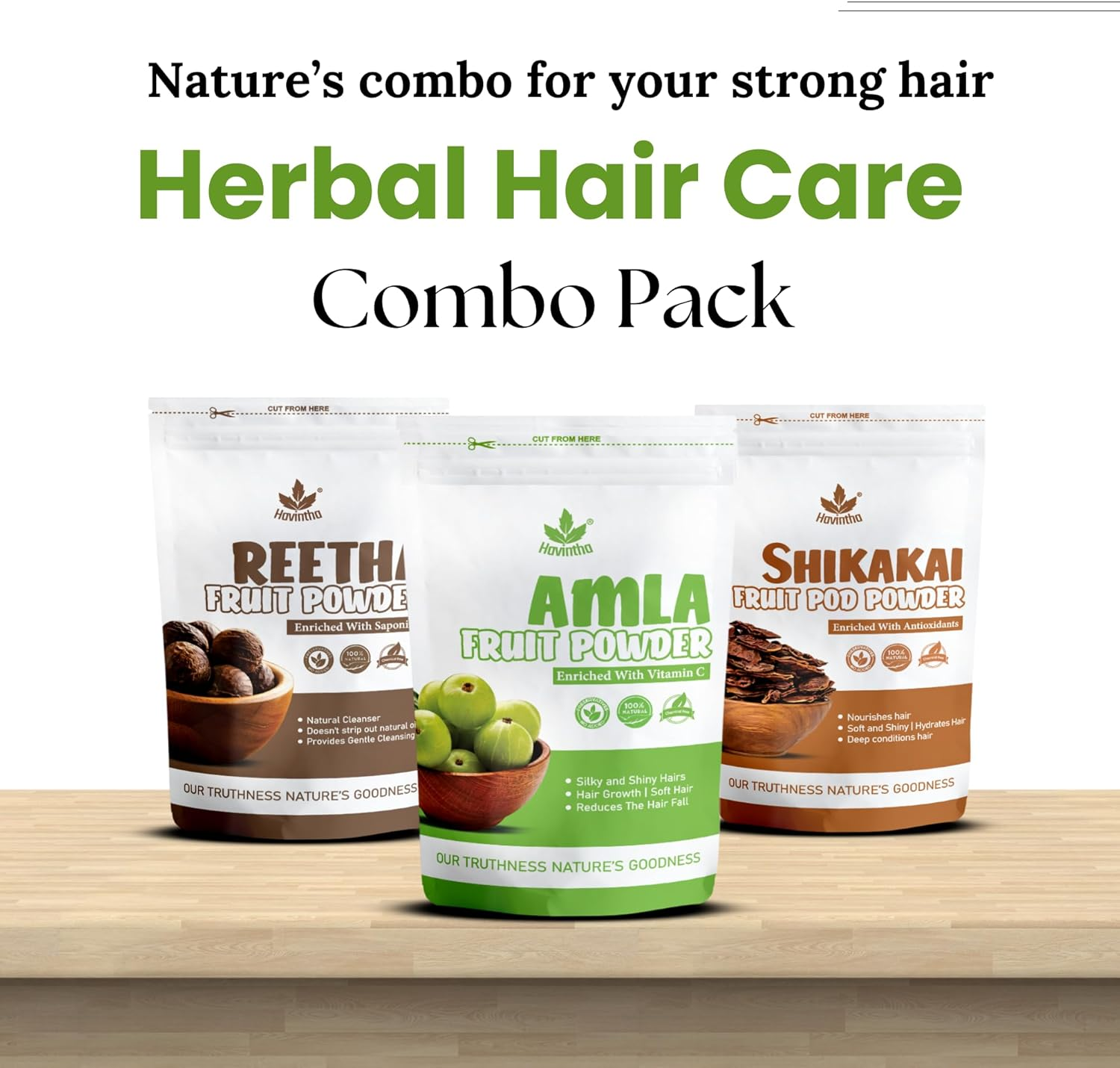 Havintha Natural Amla Reetha Shikakai Powder for Healthy Hair | Herbal Hair Care Combo | Hair Cleanser & Conditioner | Controls Hair Fall, Dandruff | All Hair Types &ndash; Each 100Gm (Combo Pack of 3) image number 3