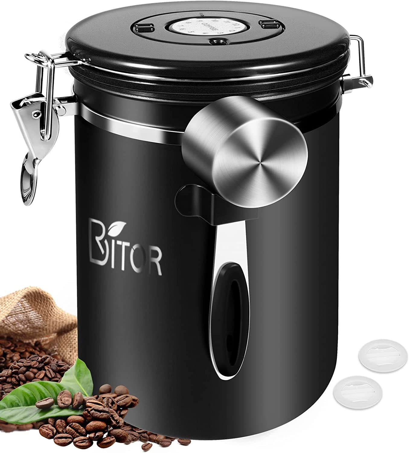 1.8L Airtight Coffee Canister, Stainless Steel Coffee Jar with Measuring Scoop, Date Tracker and 2 CO2 Release Valve, Coffee Container for Beans, Ground, Tea, Flour and Sugar Black