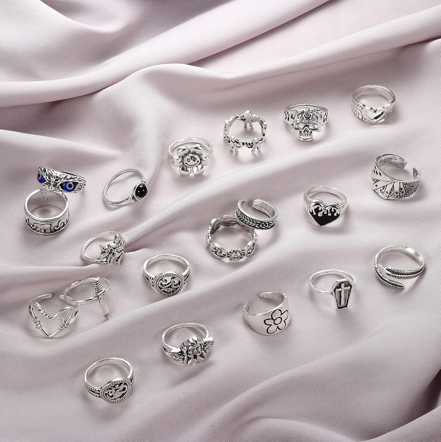 Sanfenly 49PCS Vintage Silver Punk Rings Knuckle Rings Set for Men Women Snake Cross Flower Chunky Rings Open Adjustable Goth Punk Hip Hop Cool Midi Stackable Rings Pack image number 5