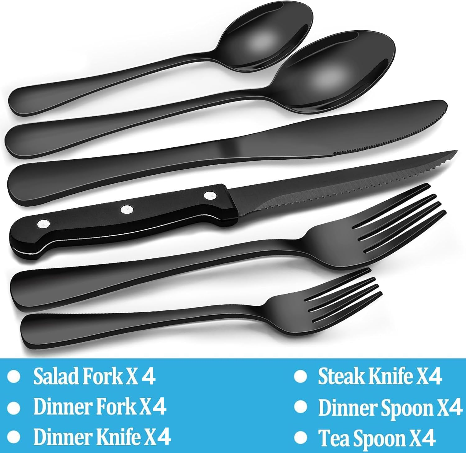 24-Piece Black Silverware Set with Steak Knives, Black Flatware Set for 4, Food-Grade Stainless Steel Tableware Cutlery Set, Mirror Finished Utensil Sets for Home Restaurant (Black)