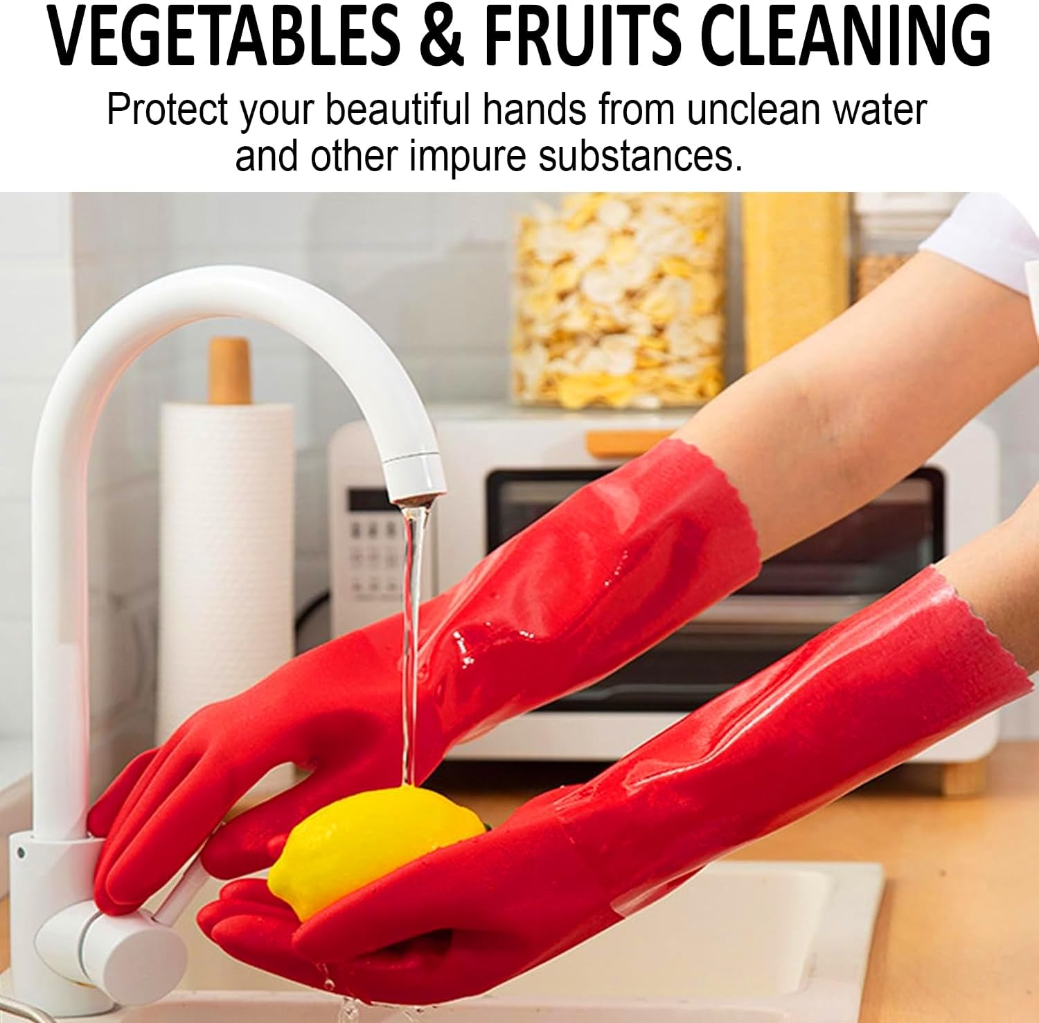 OZBEE 3 Pairs Long PVC Kitchen Cleaning Gloves Dishwashing Household Cleaning Gloves with Cotton Lining Non Slip Waterproof for Safety Purpose | Reusable for Household Use | 45 Cm image number 1