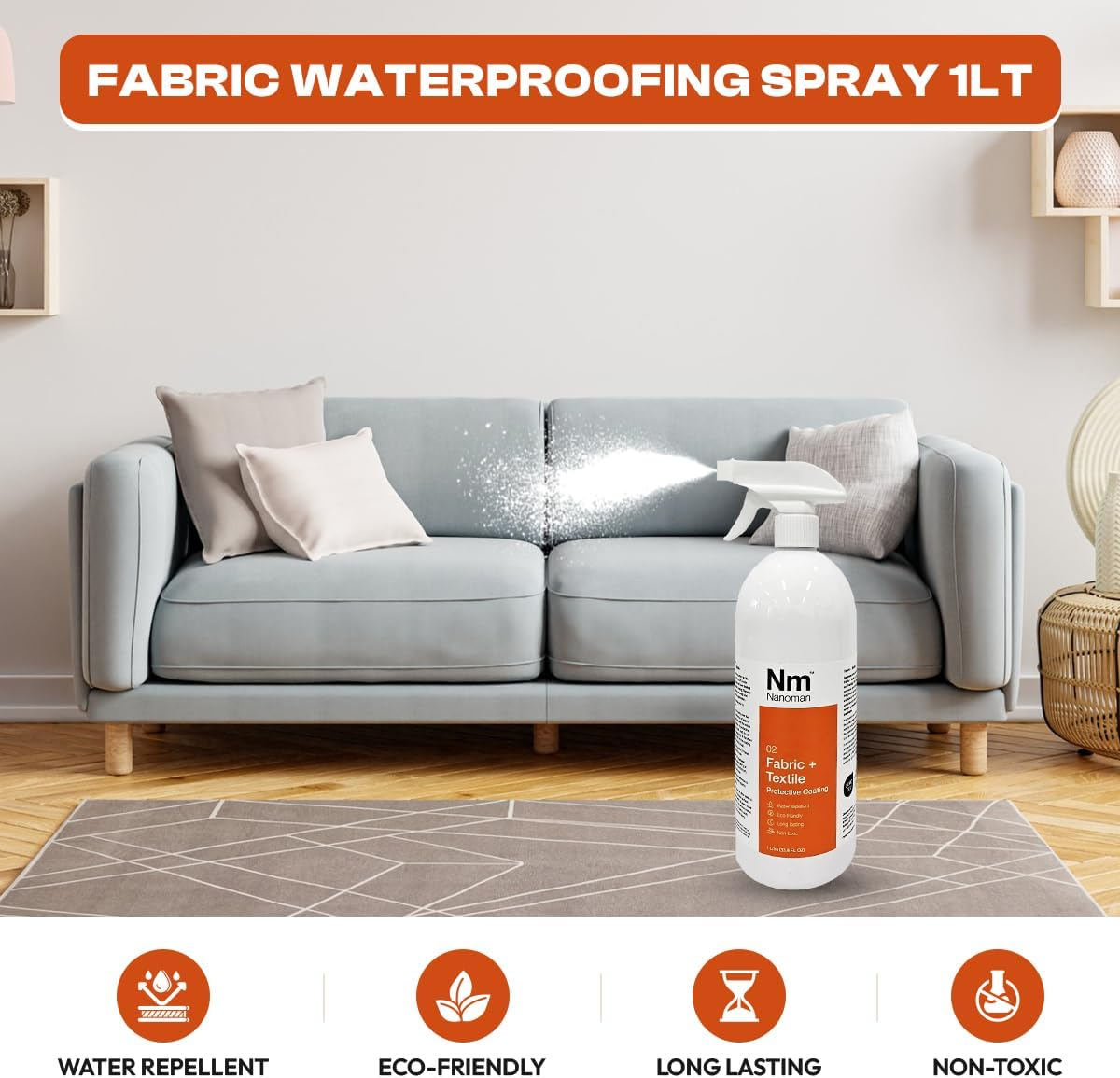 Water Repellent/Waterproof Spray for Fabric & Textiles. Latest Nanotech Formula. Eco Friendly. No PFAS or Alcohols. Stain & Liquid Protection Spray for Fabric Incl. Couches, Sofas Clothes & Rugs image number 3