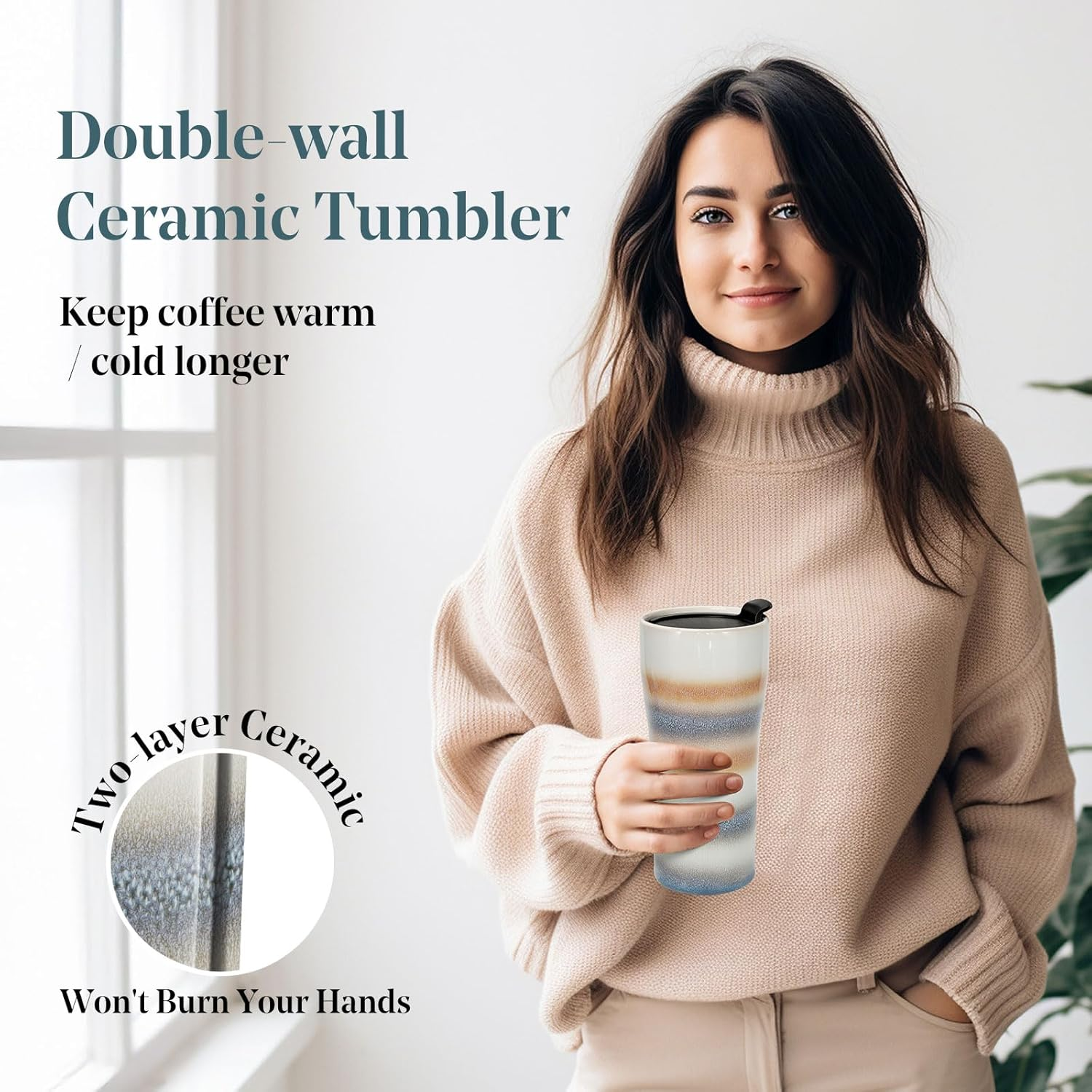 Kopmath Double Wall Ceramic Coffee Mug with Lid, 15Oz Large Travel Coffee Mug, Splash Resistant, Dishwasher Microwave Safe, Fit for Cup Holder, Insulated Cup, Keep Coffee Flavor, Gift - Blue-Orange image number 6