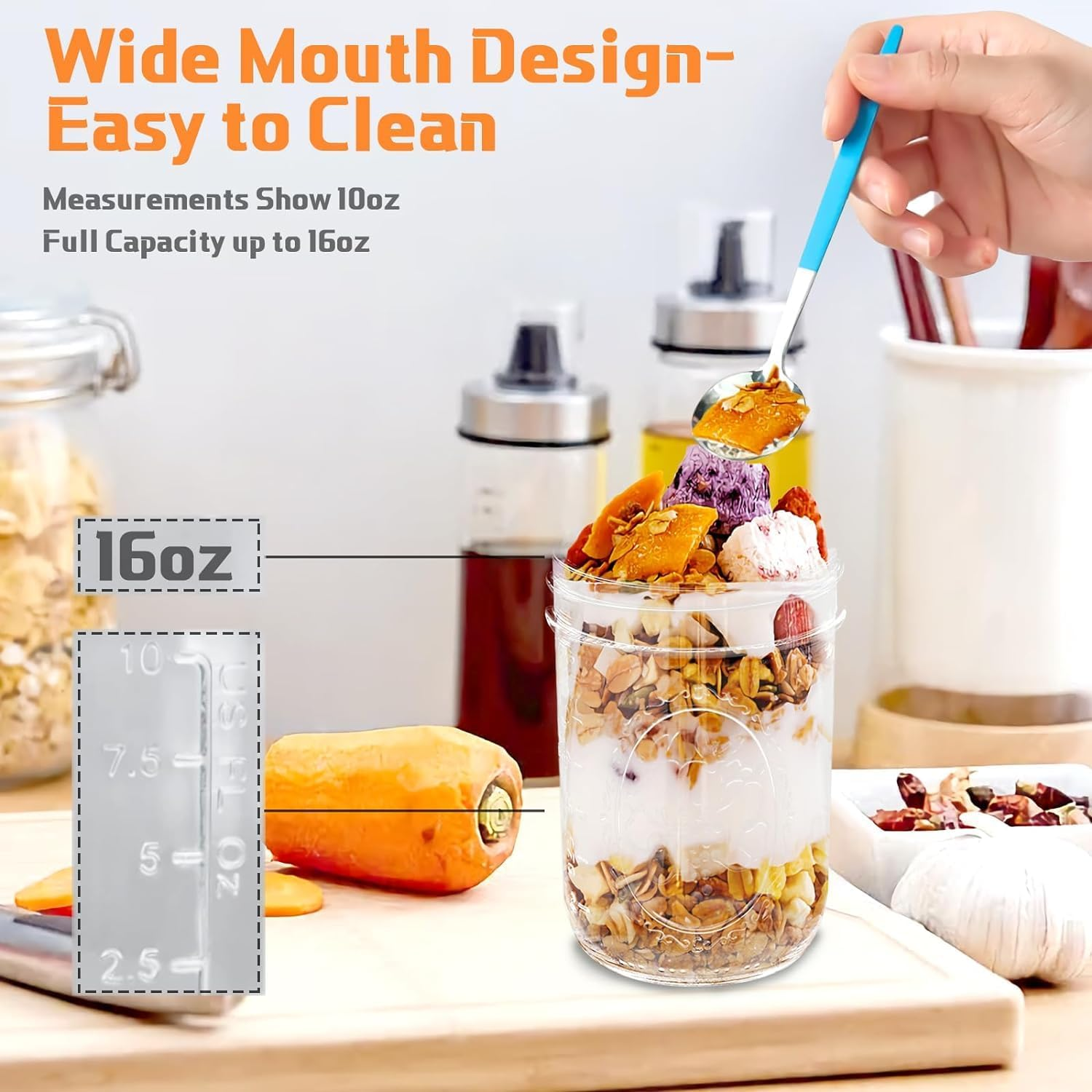 Wide Mouth Mason Jars 16 Oz, 6 Pack Glass Mason Canning Jars with Metal Airtight Lids and Bands Containers for Fruit Storage, Overnight Oats, Meal Prep, Pickling, Preserving, Yogurt, Snack, Home Decor image number 2