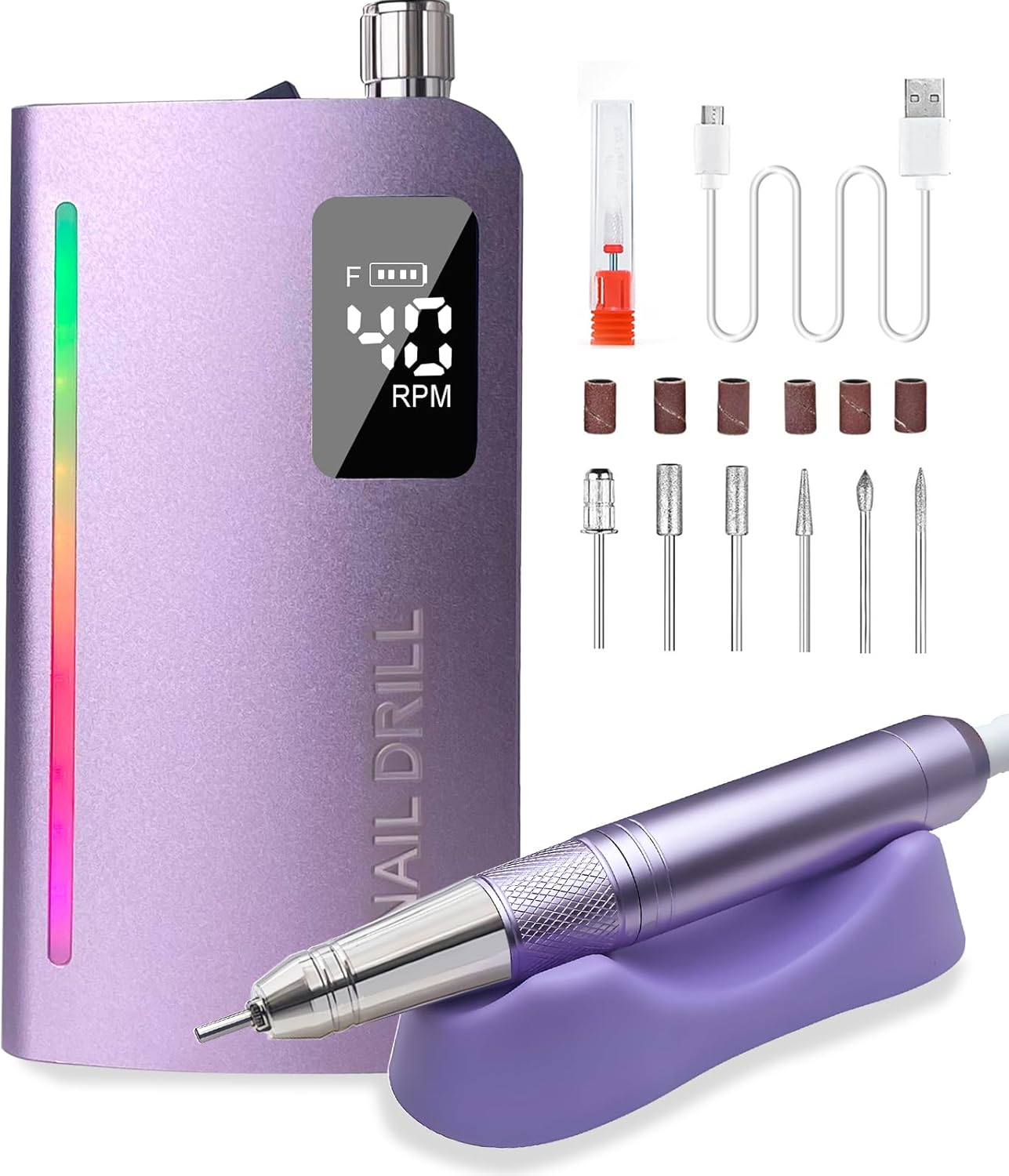 Professional Coreless Electric Nail Drill, 45000 RPM Portable Alloy Nail File Machine Rechargeable for Nail Salon,Midicure,Pedicure (Purple) image number 5