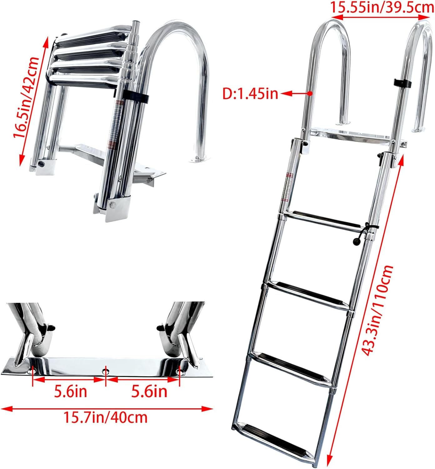 Stainless Steel Pool Ladder,Boat Pool Ladder 4 Steps Bathing for Swimming/Deck Boat,Folding Dock Boat Ladders 4 Step,Stainless Steel Pool Ladder with Wide Step & Handle image number 6