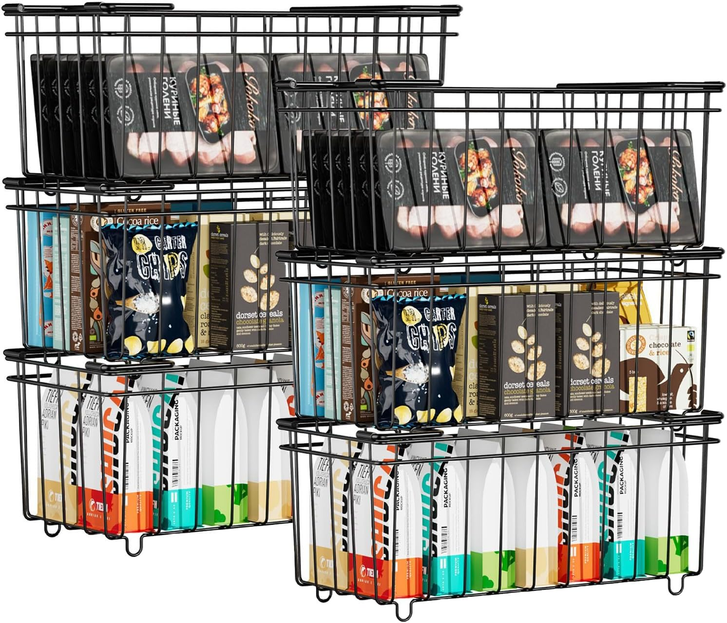 6 Pack Freezer Organizer Bins, Stackable Deep Chest Freezer Organizer Bins, Metal Foldable Baskets with Handles, Black Wire Freezer Storage Bin with Better Space Utilization (37&times;18&times;15Cm)