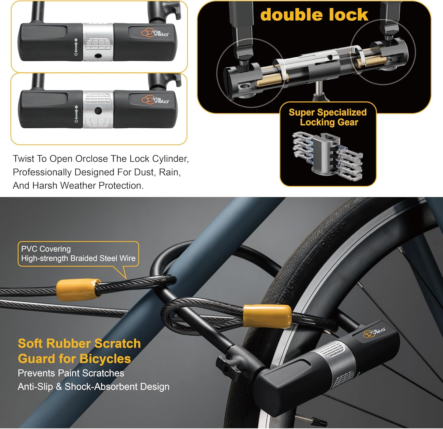 Bike U-Lock and Cable Combo 190X14Mm Ulock 1800X10Mm Cable via Velo Brand image number 4