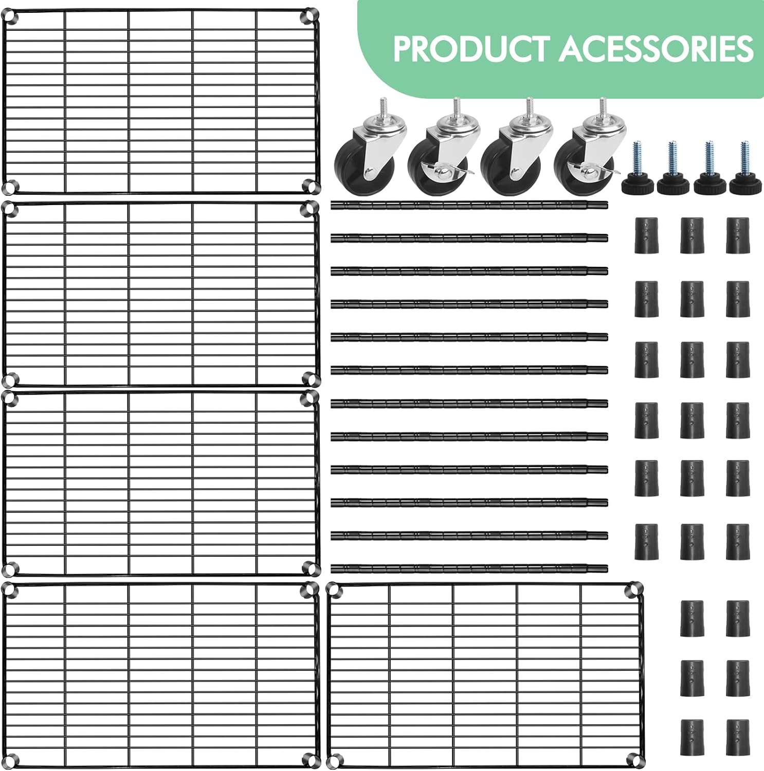 5-Shelf Adjustable,Heavy Duty Storage Shelving Unit on Wheel Casters,Shelves for Storage Wire Shelving,Modern Style,Black (23.7L X 13.7W X 61H) image number 4