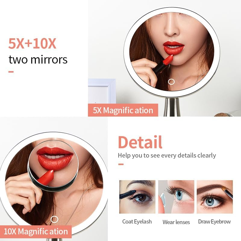 9Inch Lighted round Makeup Vanity Mirror, 5X/10X Dual Magnification with Ultra Bright LED Lights Beauty Mirror, Rechargeable, Cordless, Touch Control Adjustable Brightness, Brushed Stainless Steel image number 5