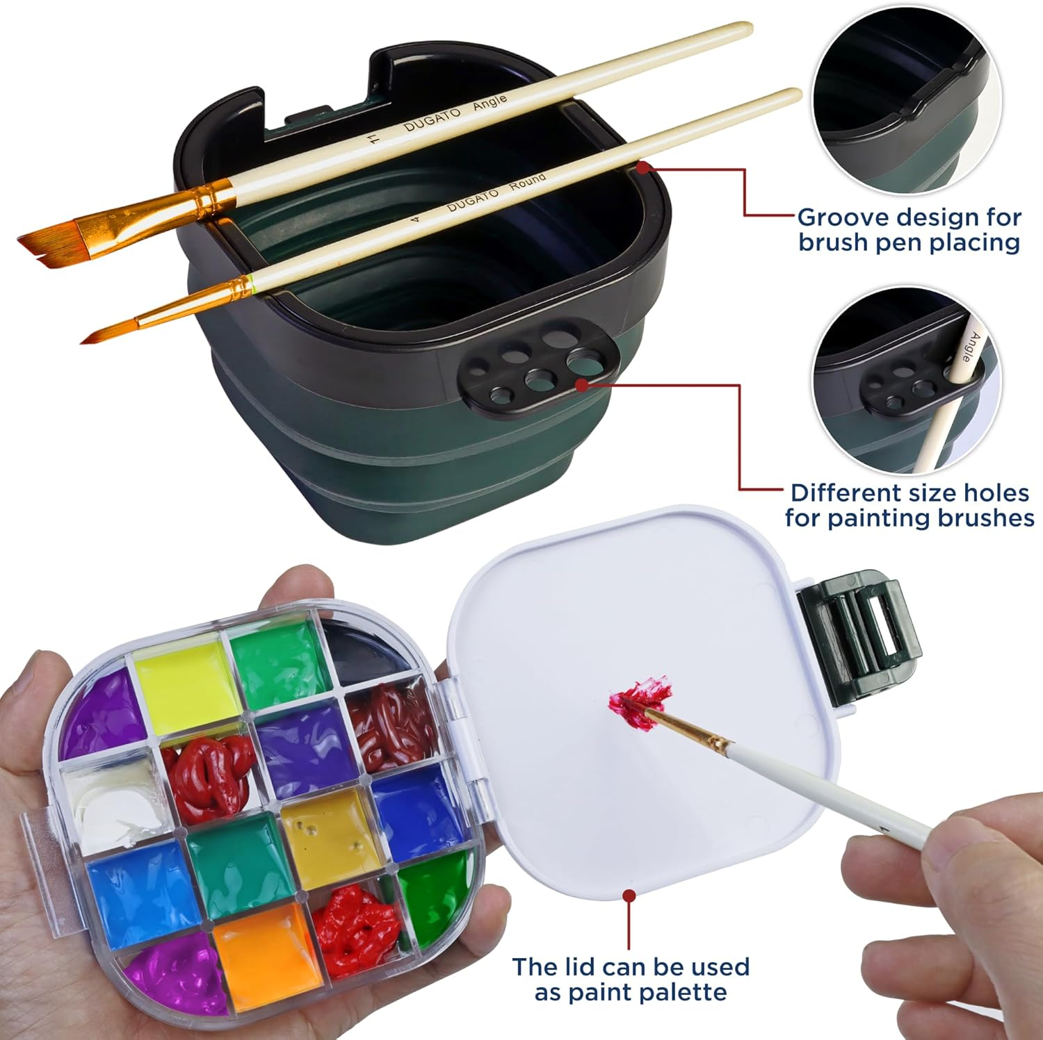 5.3 X 4.4 Inches Airtight Paint Palette Box, Valuable Container Combines Cleaning Brush Basin and Brush Holder, Using for Beginners Learning Art Project Workshops Outdoor Painting (Green) image number 5