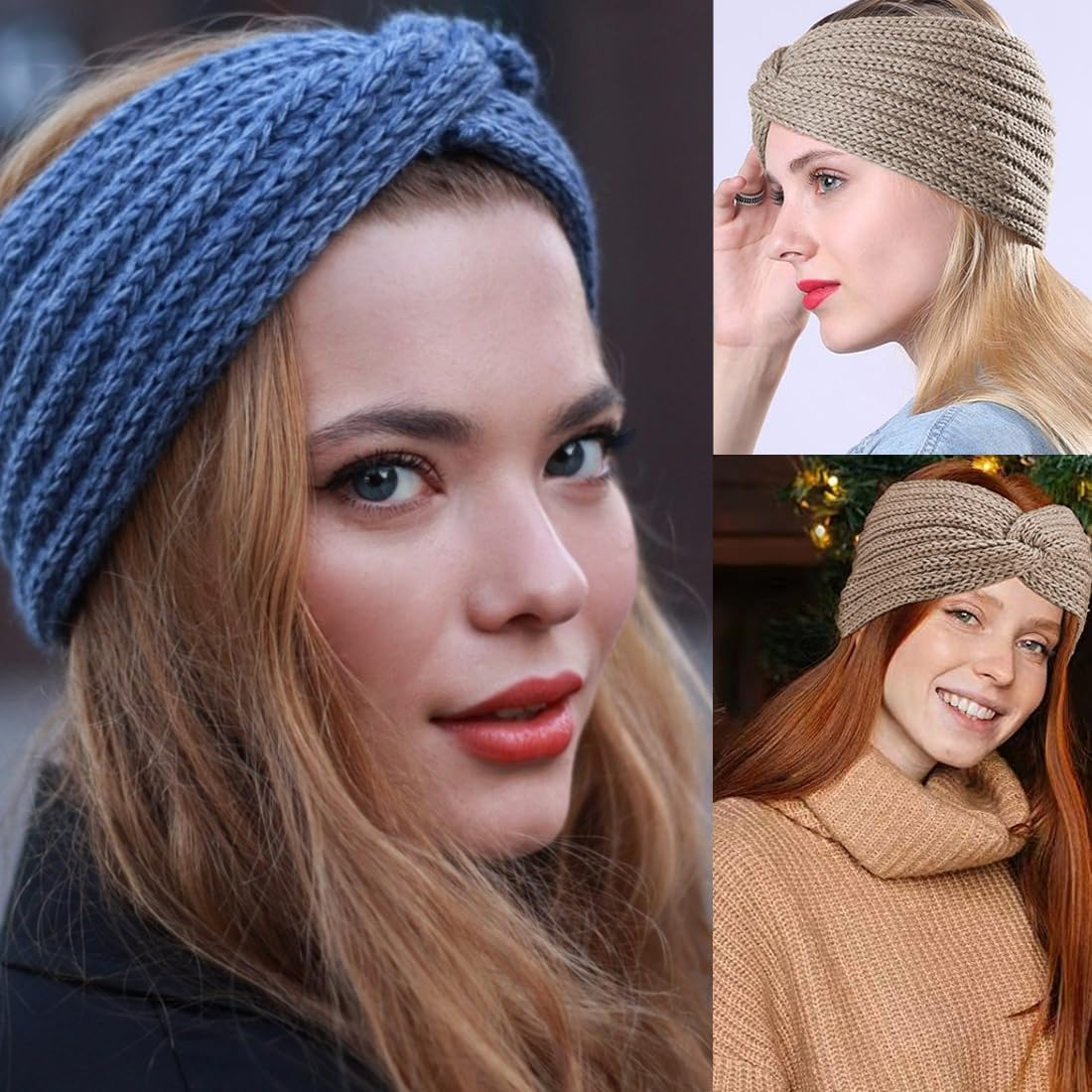 3 Pieces Knitted Headband Winter Women Winter Hair Bands Knitted Hair Bands Winter Crochet Head Wrap Khaki Pink Denim Blue image number 2