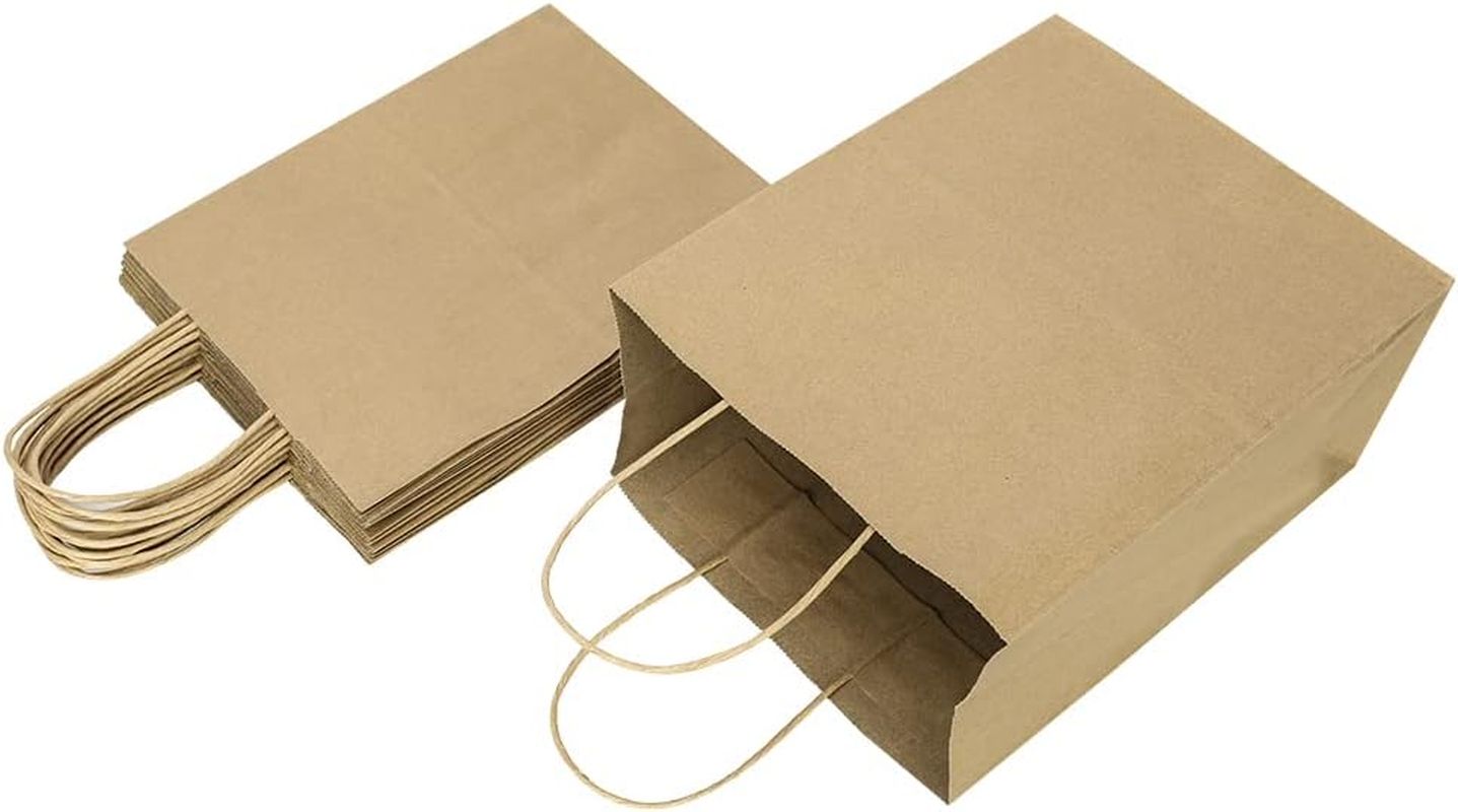 Oikss 100 Pack 8X4.75X10 Inch Medium Plain Natural Paper Bags with Handles Bulk, Kraft Bags for Birthday Party Favors Grocery Retail Shopping Business Goody Gift Bags Sacks (Brown 100 PCS Count) image number 5
