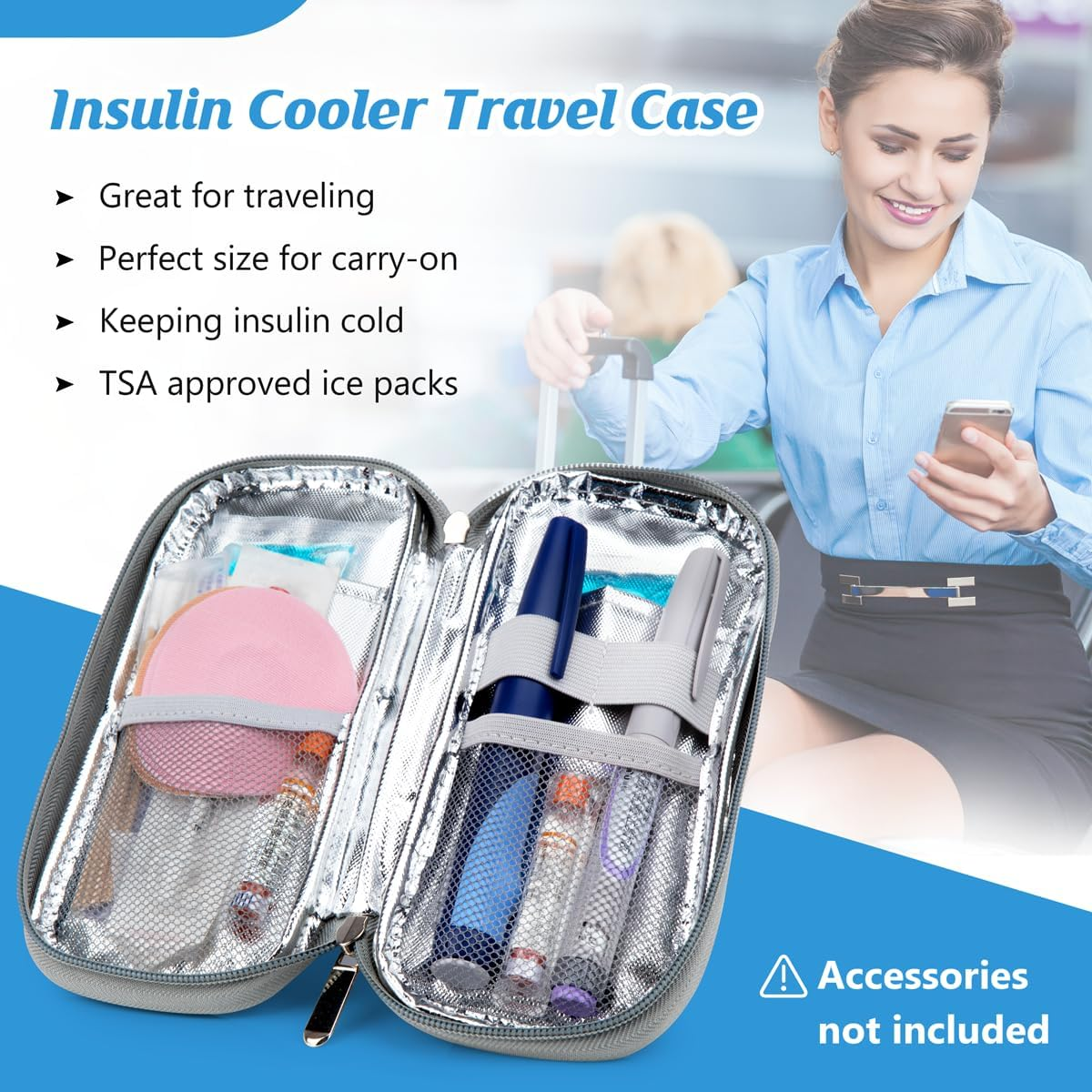 YOUSHARES Insulin Cooler Travel Case, Diabetes Travel Case with 2 X TSA Approved Ice Packs, Insulated Medication Travel Bag for Diabetic Supplies, Medicine Cooler for Travel (Quicksand Blue)