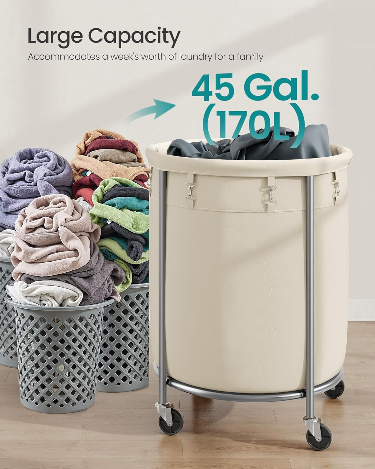 SONGMICS Laundry Basket with Wheels, Rolling Laundry Hamper, 45 Gal., round Laundry Cart with Steel Frame and Removable Bag, 4 Casters and 2 Brakes, Cream and Silver URLS01MZ - Cream image number 6