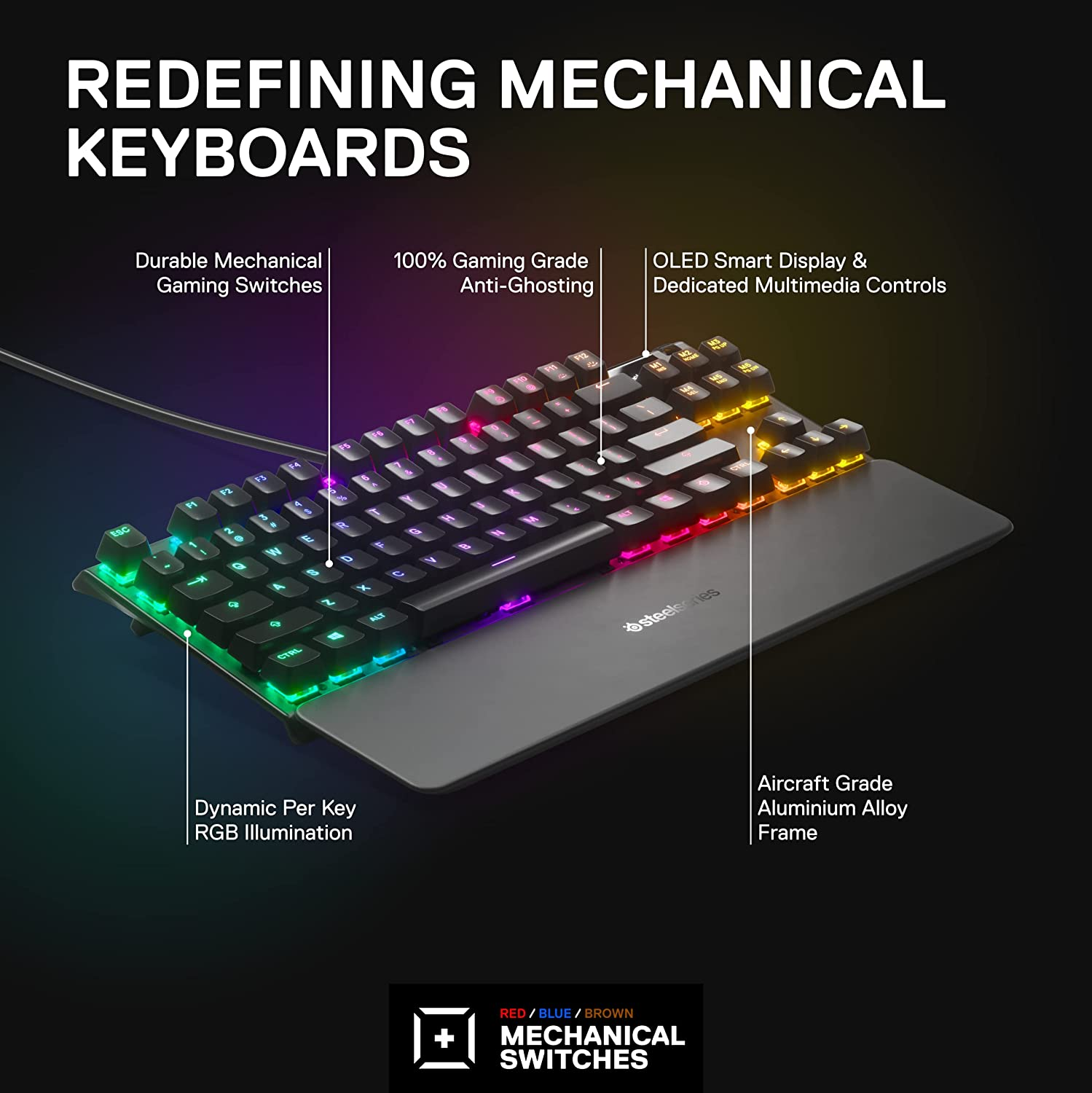Steelseries Apex 7 TKL Compact Mechanical Gaming Keyboard &ndash; OLED Smart Display &ndash; USB Passthrough and Media Controls &ndash; Linear and Quiet &ndash; RGB Backlit (Red Switch) image number 6