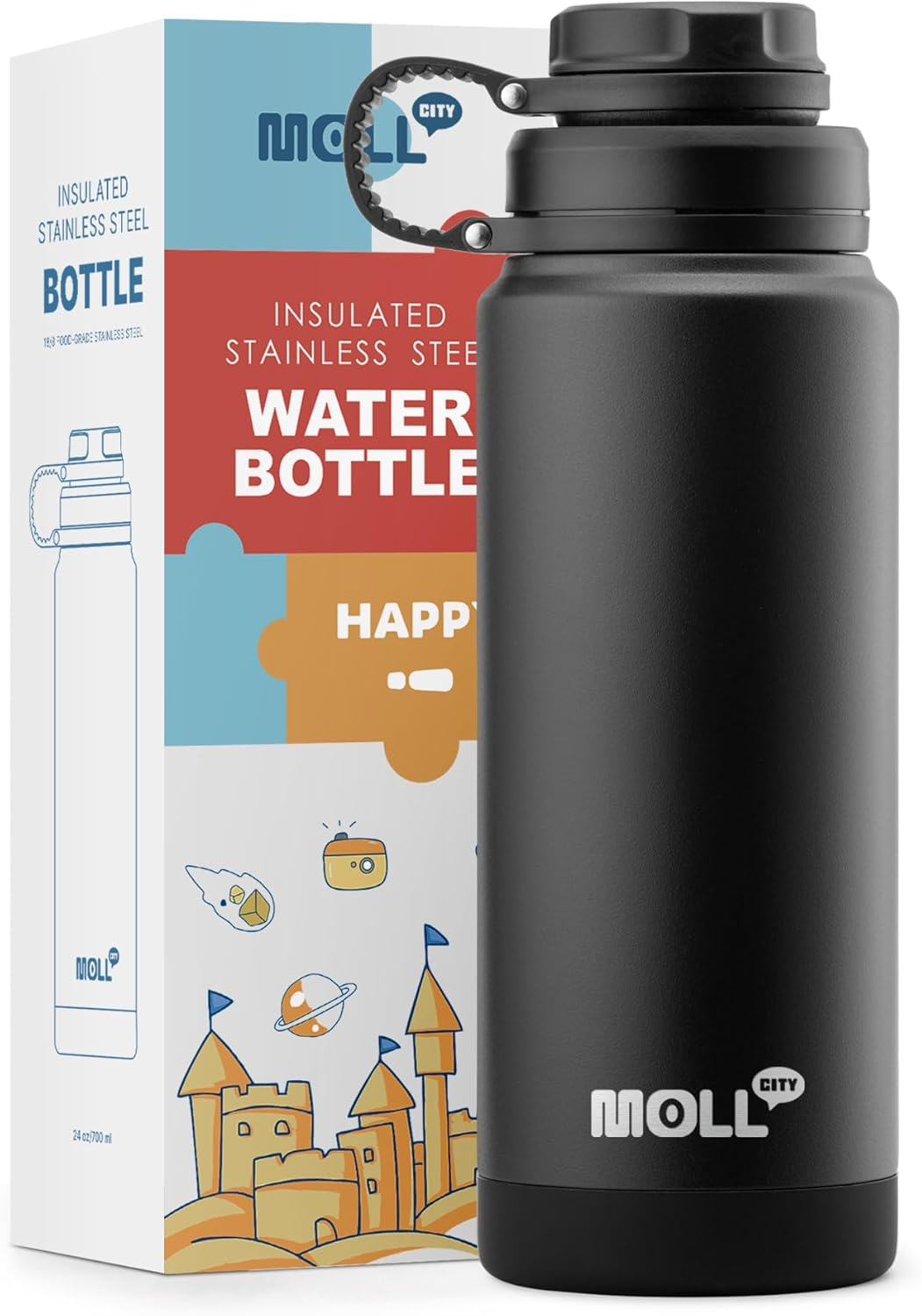 Insulated Water Bottle 24 Oz-Stainless Steel Double Wall Vacuum Wide Mouth Water Bottle with Non-Slip Silicone Sleeve-Travel Leak Proof Flask for School, BPA Free(Black) image number 5