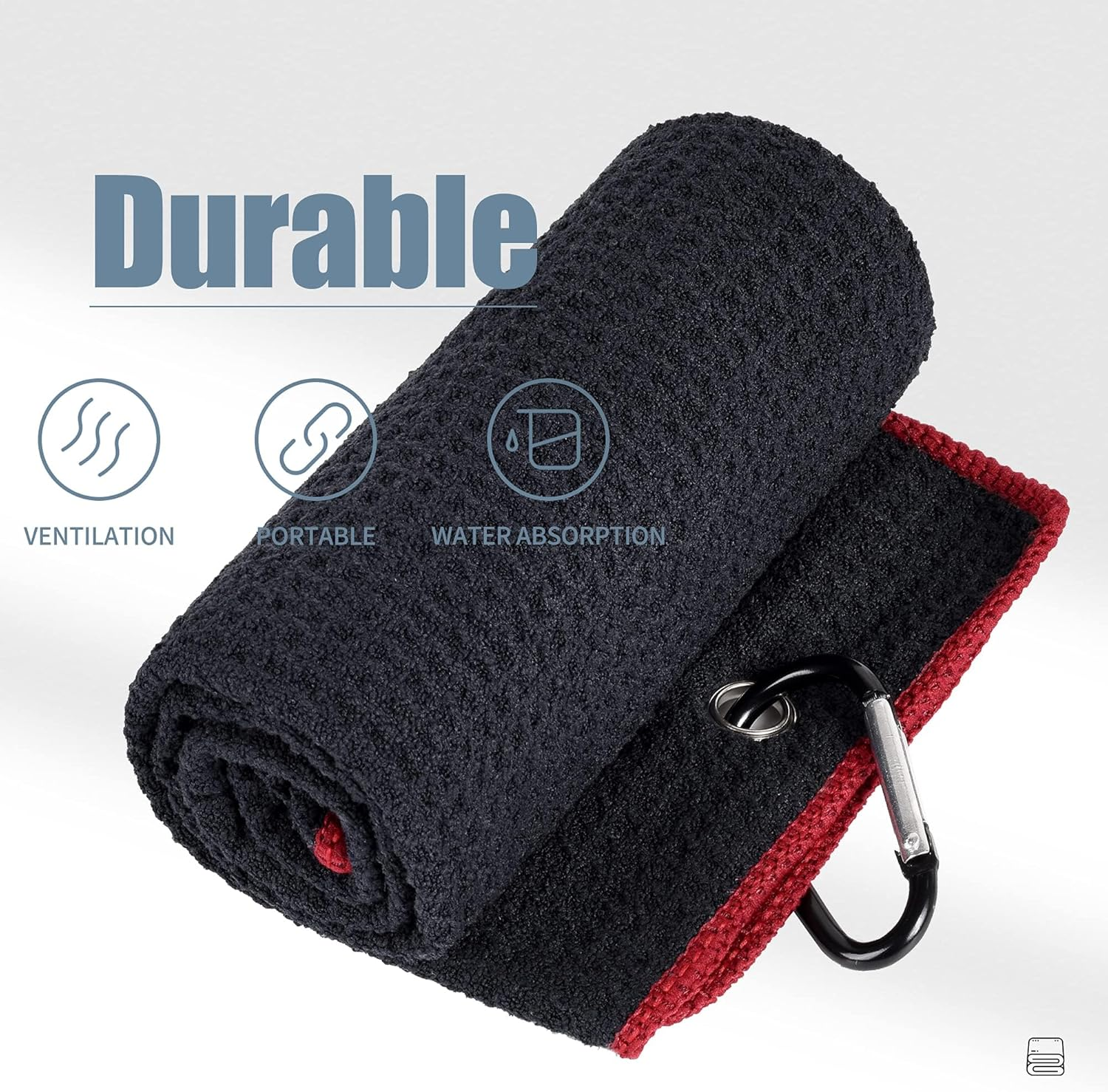 Golf Towel | Tri-Fold Waffle Towels | Premium Microfiber Fabric | Wiith Heavy Duty Carabiner Clip (Black(Red Edge)) image number 4