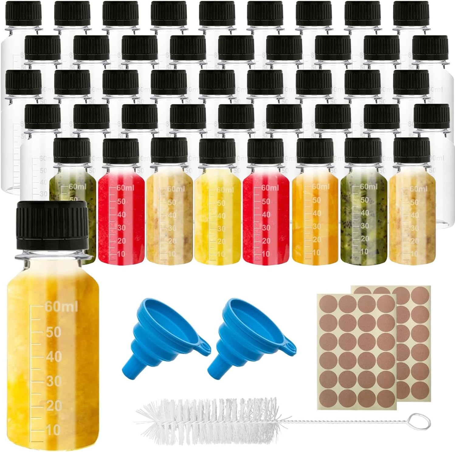 45 Pcs Mini Liquor Bottles, 2Oz Mini Empty Plastic Alcohol Shot Bottles, Plastic Flasks with Black Lid, 48 round Stickers, 2 Funnels and 1 Cleaning Brush, Suitable for Weddings, Parties, Camping image number 1
