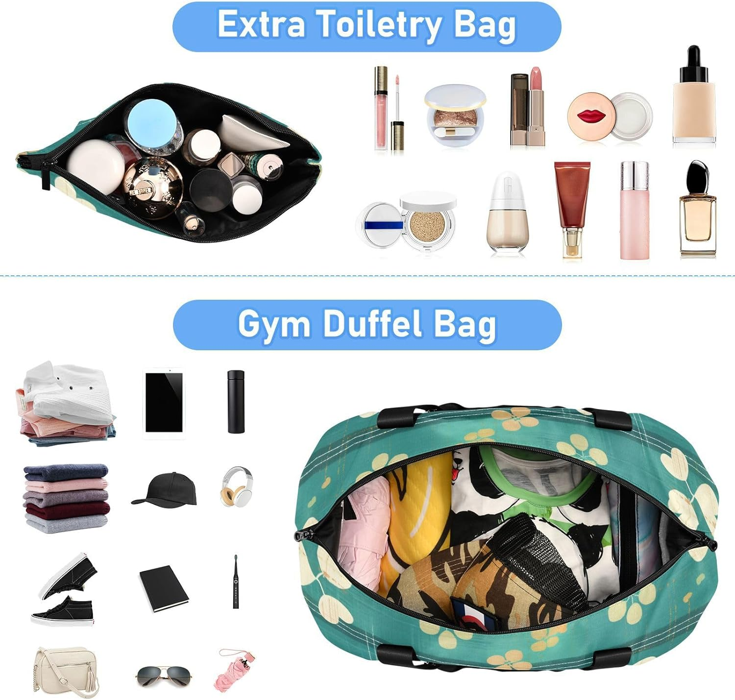 Clover Green Stripe Tote Bag Travel Weekender Gear Bag with Toiletry Bag for Sports Waterproof, Clover Green Stripe, 1 Size image number 5