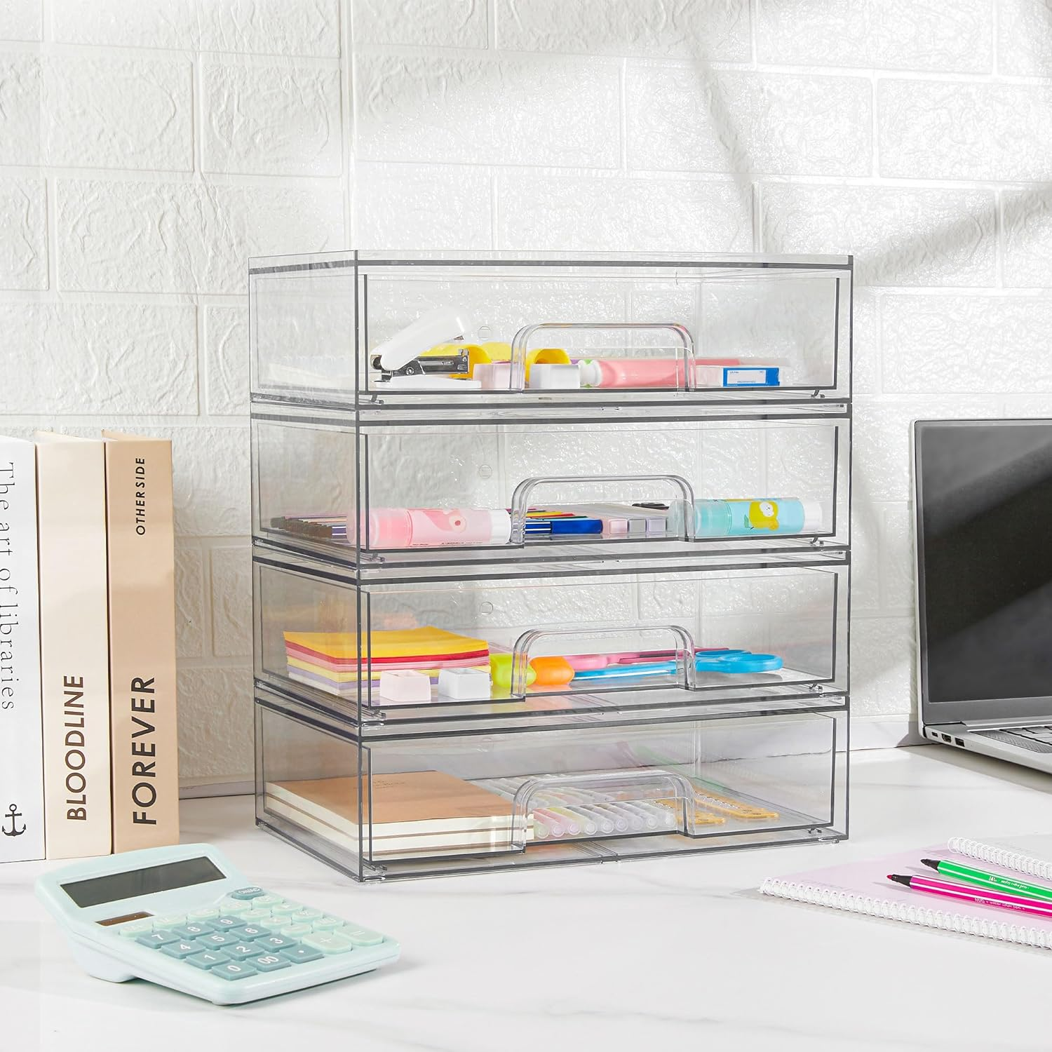 Vtopmart 12''W Clear Stackable Storage Drawers,4 Pack Acrylic Plastic Organizers Bins for Makeup Palettes, Cosmetics, and Beauty Supplies,Ideal for Vanity, Bathroom,Cabinet,Desk Organization
