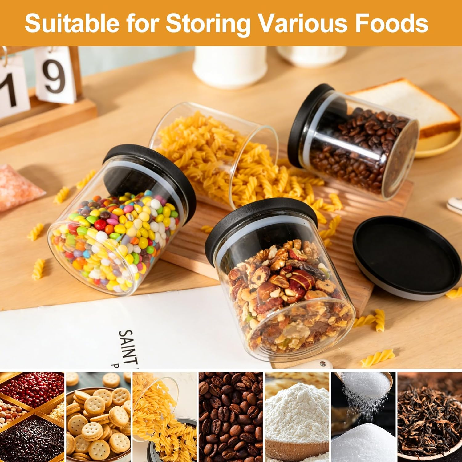 Romon Glass Containers with Lid, Set of 4 Storage Jars Made of Borosilicate Glass, Airtight Storage Jars, Stackable, Transparent for Kitchen, Flour, Coffee and Salt, 600 Ml, Round