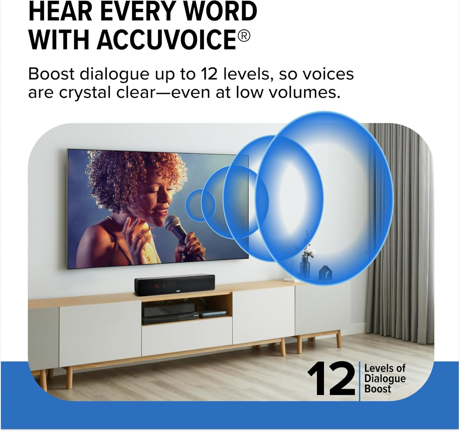 ZVOX Dialogue Clarifying Sound Bar with Patented Hearing Technology, Twelve Levels of Voice Boost - 30-Day Home Trial - Accuvoice AV157 TV Speaker - Black image number 4