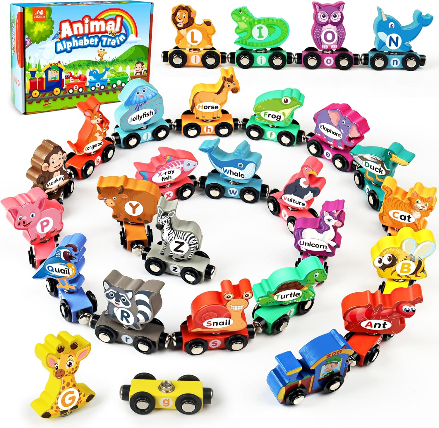 Vanmor Wooden Train Set, Snap-Connection Animal Trains, STEM Take Apart Animal Play Set, Toddler Matching and Magnetic Alphabet Train Learning Toys for Kids Ages 3-5 image number 1