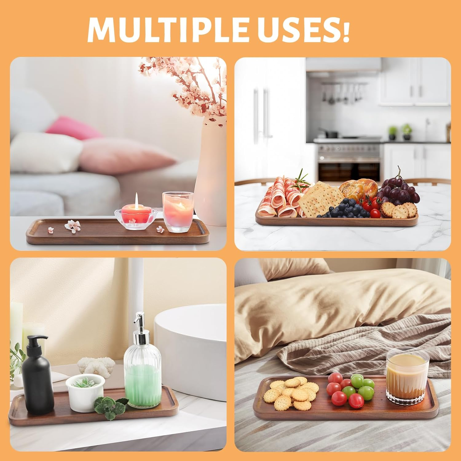 Solid Acacia Wood Serving Tray - 6 Pack, 14" X 5.5" Rectangular Wooden Serving Platter, Wood Boards for Food, Mini Cheese Board for Vegetable, Charcuterie, Appetizer, Decor by HOMKULA image number 3