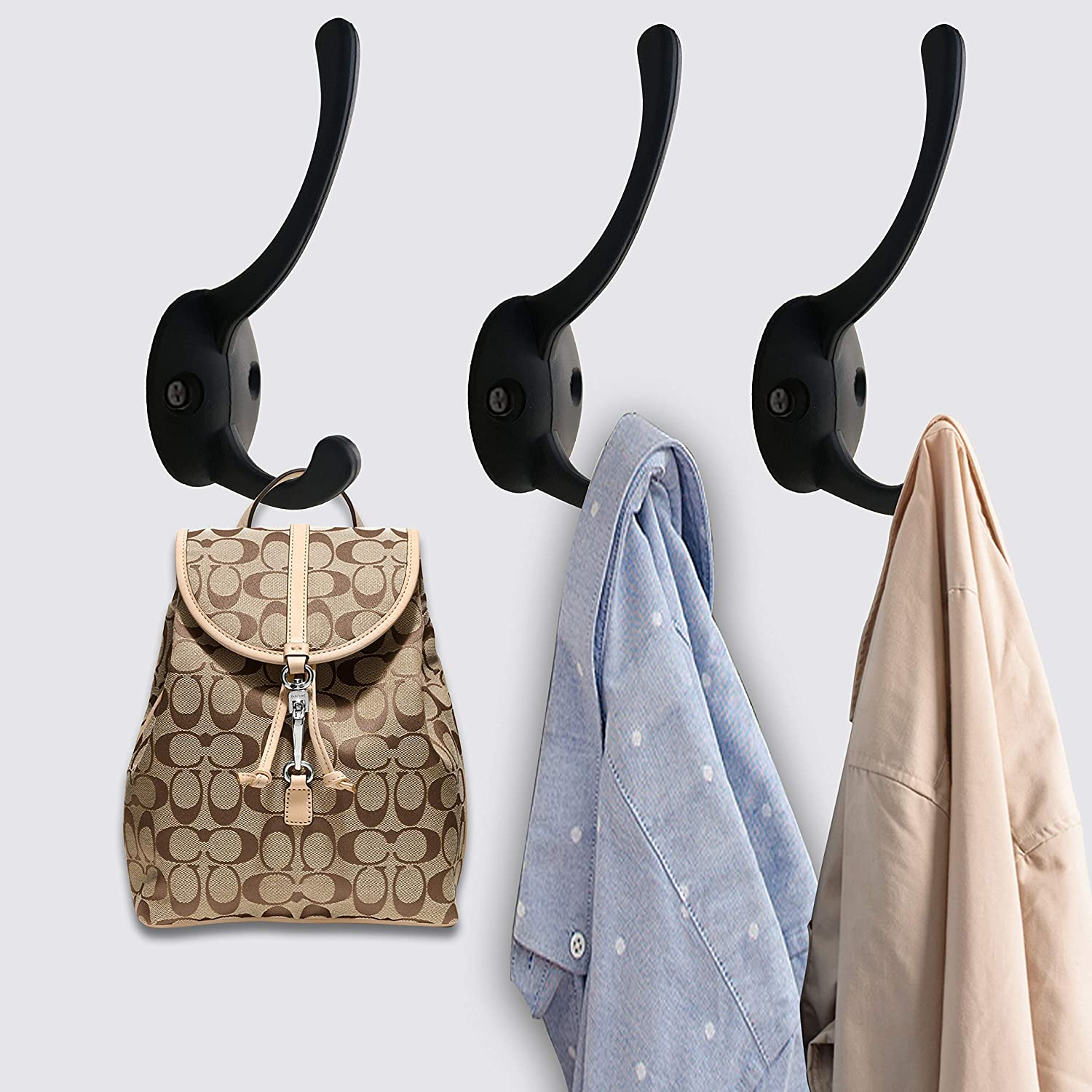 12 Pack Black Coat Hooks Wall Mounted with 24 Screws Retro Double Hooks Utility Black Hooks for Coat, Scarf, Bag, Towel, Key, Cap, Cup, Hat image number 1