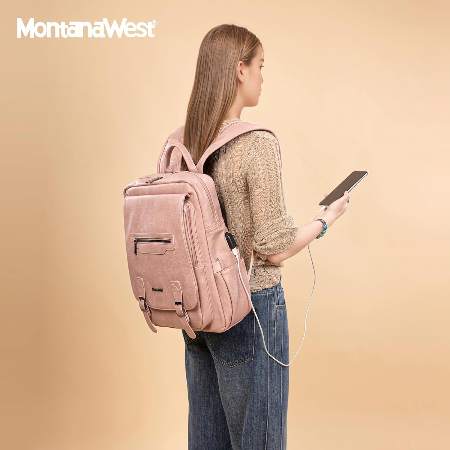 Montana West Laptop Backpack Purse for Women Men Unisex Vintage Backpack Casual Daypack Travel Work with USB Charging Port - 15.6-In Brown image number 2