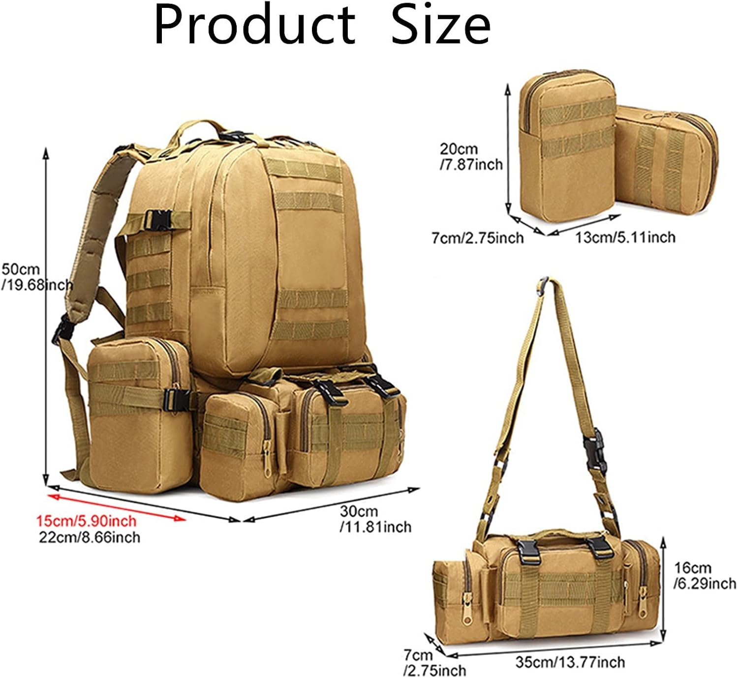 Yunyunstrap Tactical Backpack 50L, Molle Daypack Men, 4 in 1 Military Bag, Outdoor Sport Hiking Climbing Army Camping Bags - Army Green image number 6