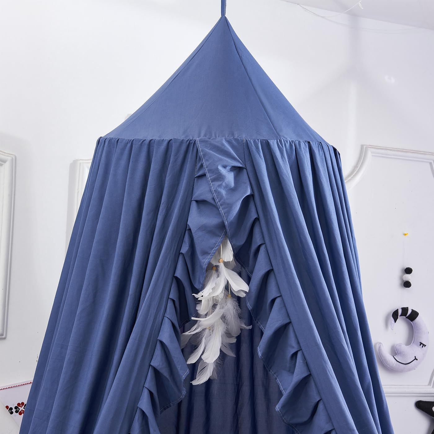 Bed Canopy for Girls Kids, Ruffled Soft Princess Canopy with String Light Mosquito Net with round Dome Hanging House Decoration Bed Canopies for Nursery Room Baby Crib Child (Royal Blue) image number 2