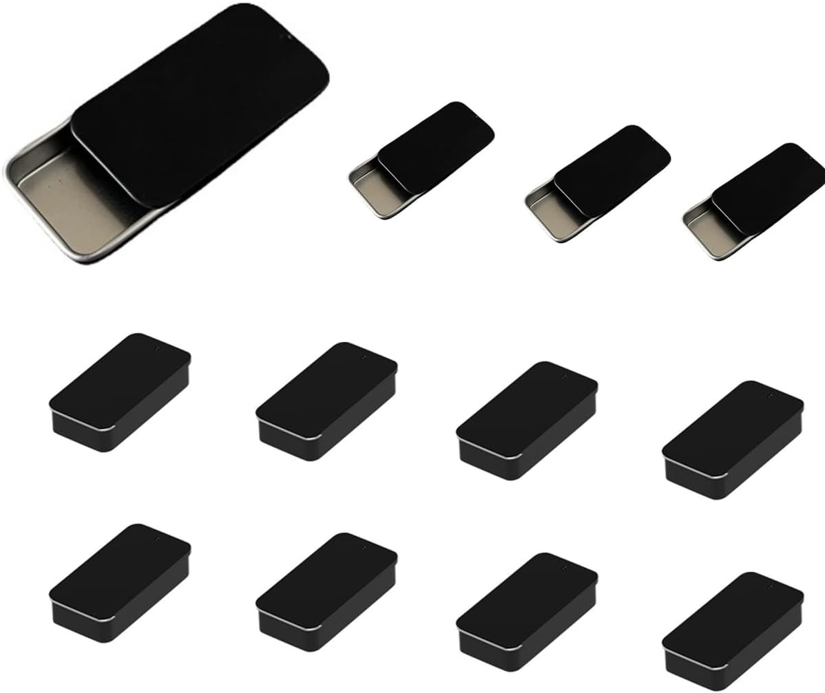 12 PCS Mini Portable Slide Top Small Tin Containers,Ywbfove Black Metal Tins Box Empty Storage Organizer Tins with Lids for Lip Balm Candies Candles(2.36In X 1.34In X 0.39In) image number 6