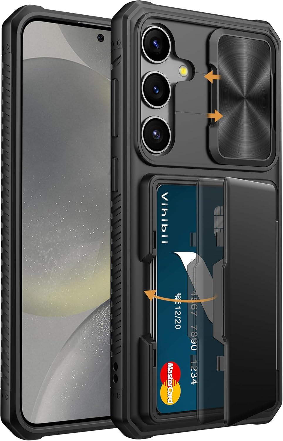 Vihibii for Samsung Galaxy S24 plus Case with Card Holder (4 Cards) & Slide Camera Cover & Kickstand, Shockproof Rugged Hard Back & TPU Soft Edge Wallet Case for Galaxy S24 plus 5G 6.7" 2024, Black image number 4