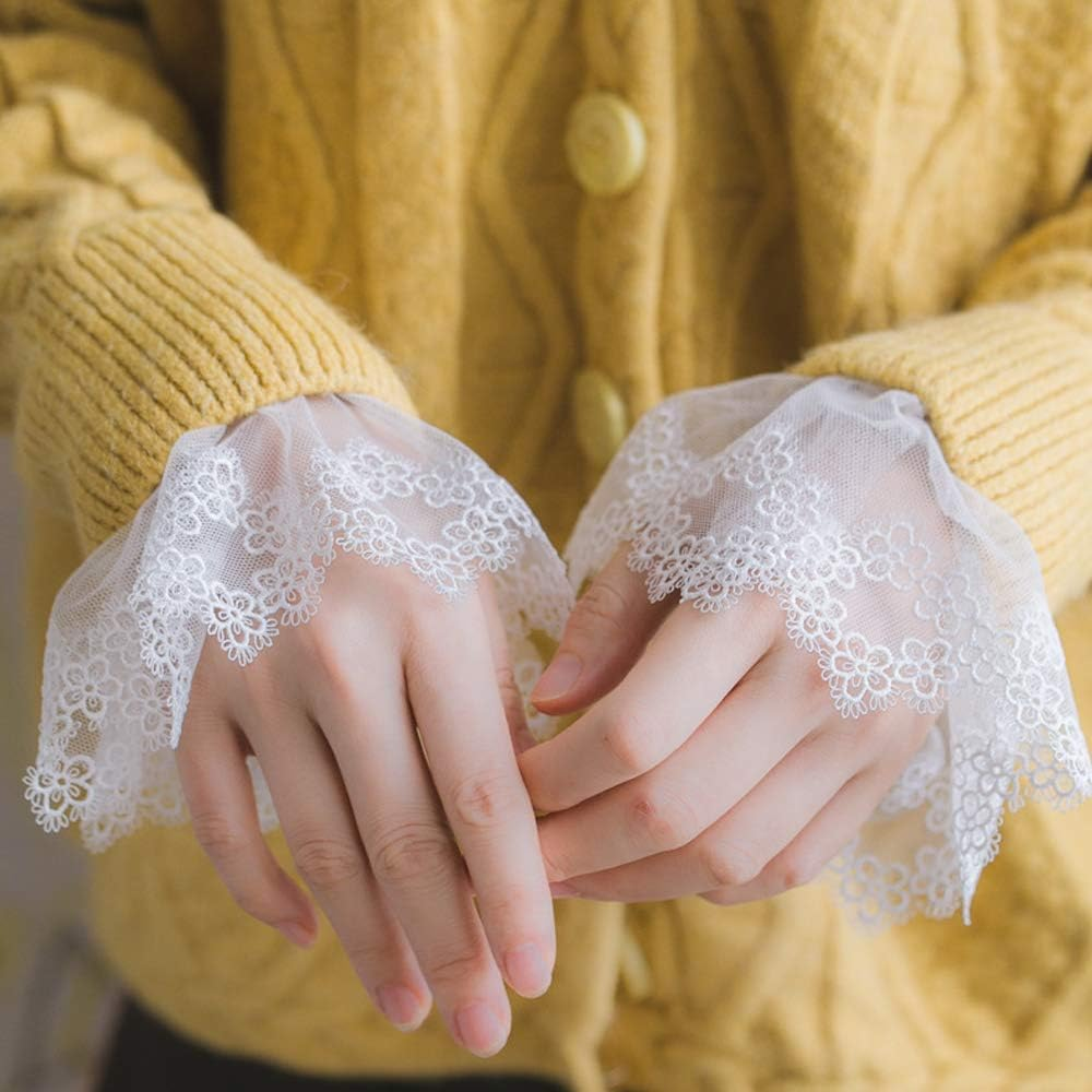1 Pair Women'S Wrist Cuffs Flower Embroidery Lace Pleated Horn Cuffs Detachable Shirt False Sleeves - White image number 5