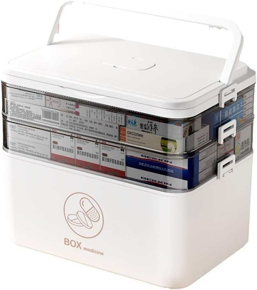 Medicine Storage Box 3-Tier Portable PP First Aid Storage Box with Sealing Buckle & Dual Trays Partitioned Medicine Box Organizer Storage for Family, Office and Travel, White image number 5
