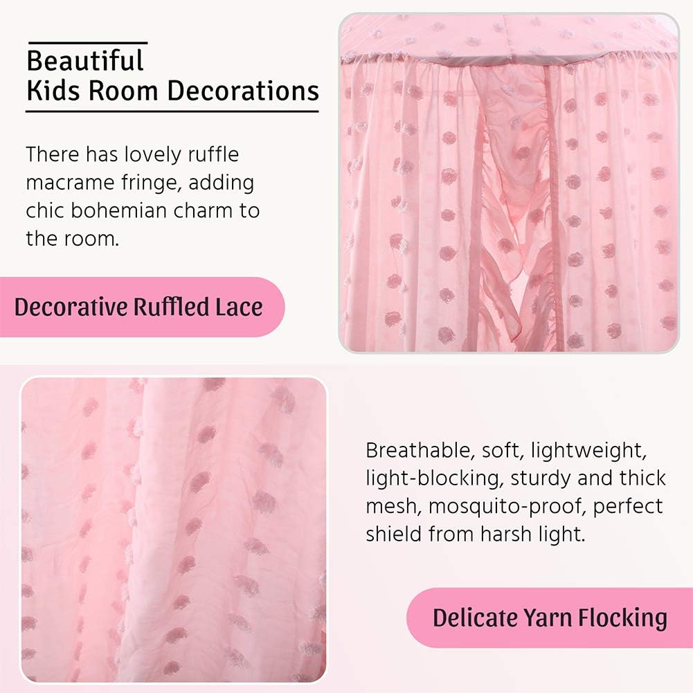 Kids Bed Canopy for Girls, Pink Crib Canopy Princess Hanging Children Canopy Tent, Toddler Girl Canopy Bed Netting for Baby Room Bedroom Reading Nook, Macrame Lace Boho Nursery Canopy with Pom Pom - Pink image number 5