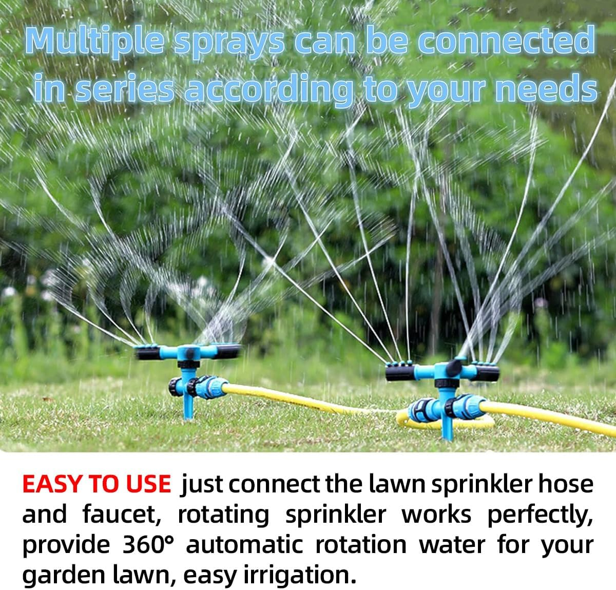 AIMALL 360&deg; Rotating Trigeminal Lawn Sprinkler &ndash; 9.45"X6.89" Garden Irrigation Sprayer with Spike Base & 12 Adjustable Jets for Balcony, Yard & Outdoor Cooling image number 1
