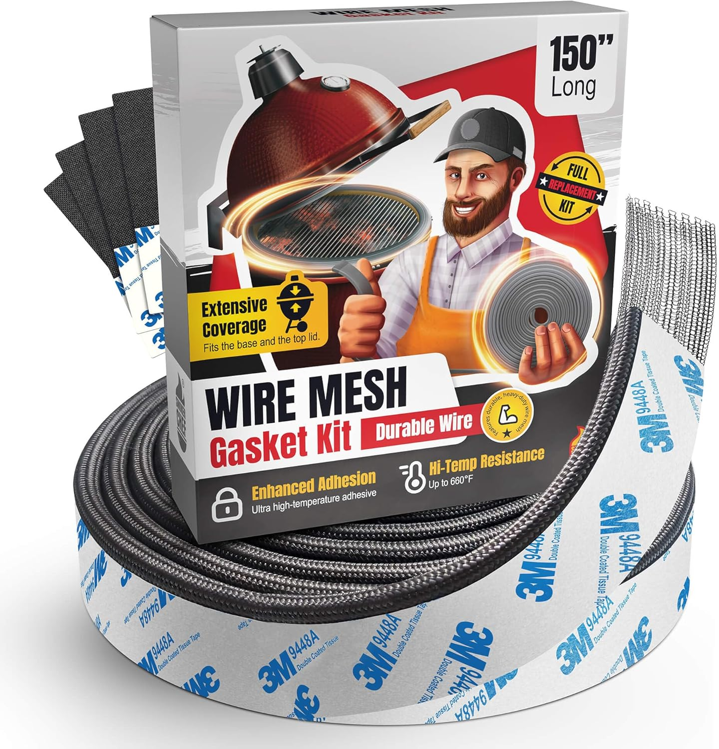 Wire Mesh Gasket Compatible with Kamado Joe - 180" Fiberglass Kamado Joe Gasket Replacement Kit - Fit for Big Green Egg - Kamado Joe Accessories & Replacement Parts - Smoker Gasket Seal by Smoker Chef