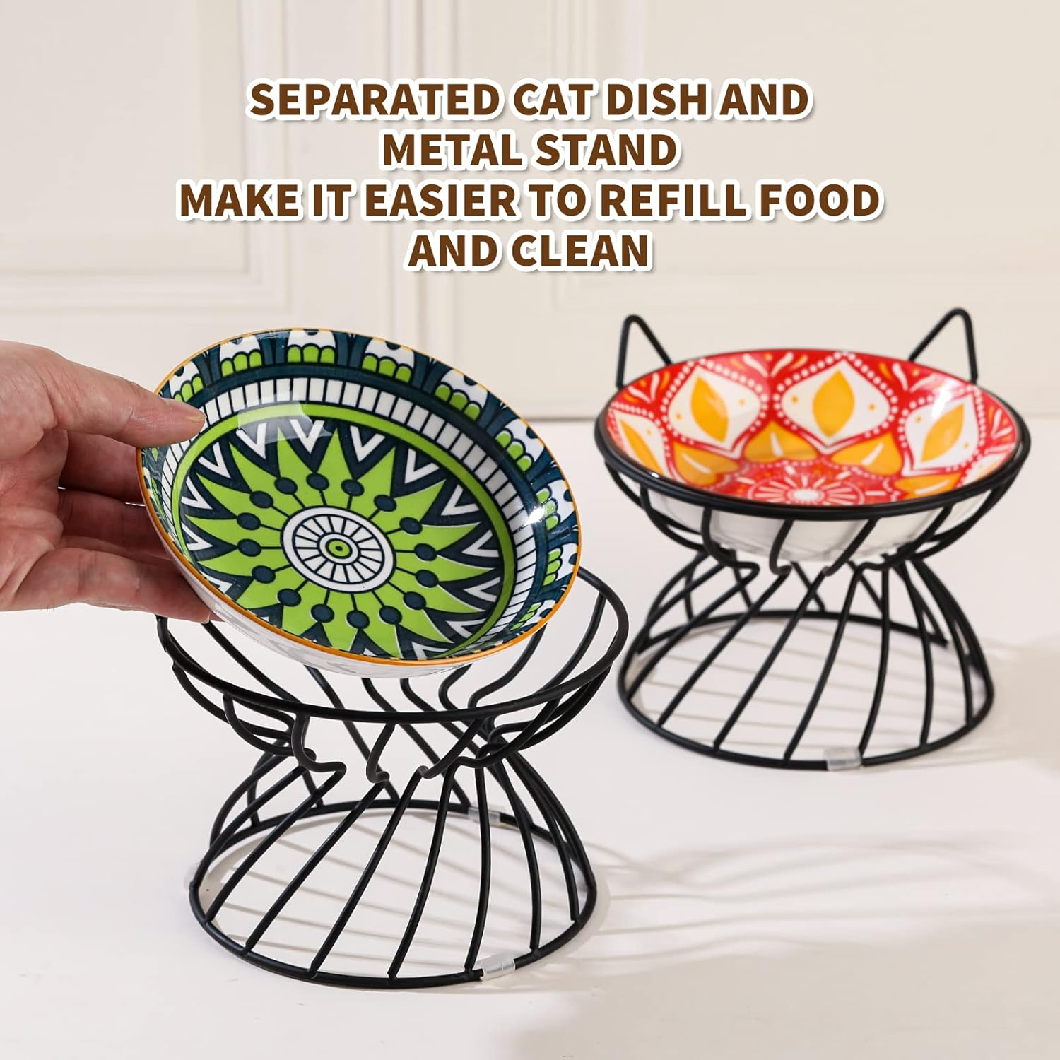 Raised Ceramic Cat Food Bowl - Elevated Cat Dish with anti Slip Stand - Wide Shallow Cat Bowl Whisker Friendly - Cute Cat Plate - Cat Feeding Bowls - Microwave and Dishwasher Safe - 8.5 Oz - 5.75 Inch image number 6
