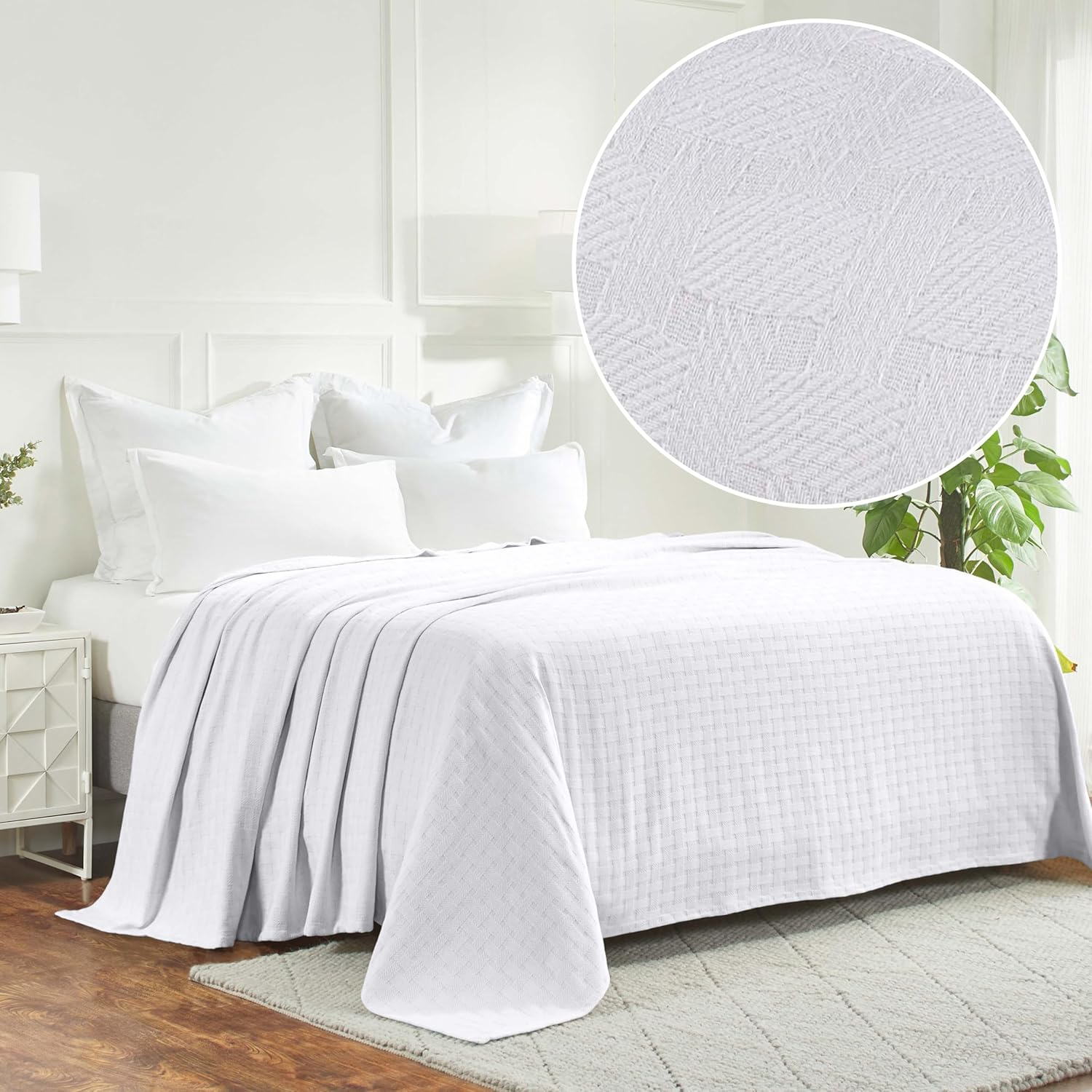 Superior 100% Cotton Thermal Blanket, Soft and Breathable Cotton for All Seasons, Bed Blanket and Oversized Throw Blanket with Luxurious Basket Weave Pattern - King Size, White image number 5